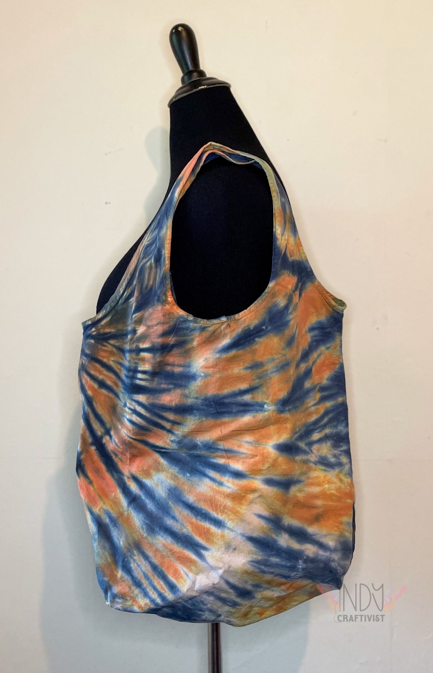 Black and Orange Tie Dye Round Bottom Bag Stuffable Cotton Tote