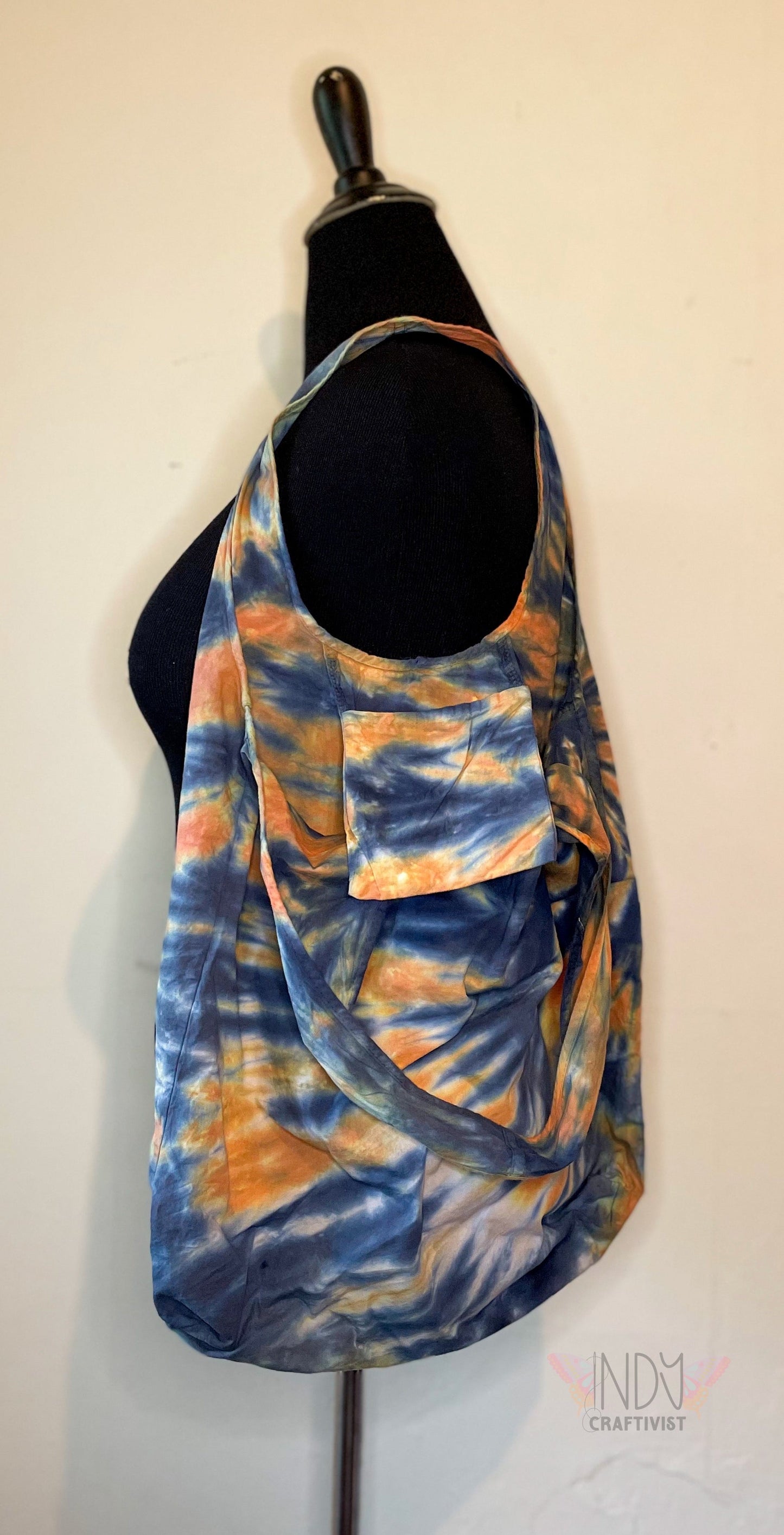 Black and Orange Tie Dye Round Bottom Bag Stuffable Cotton Tote