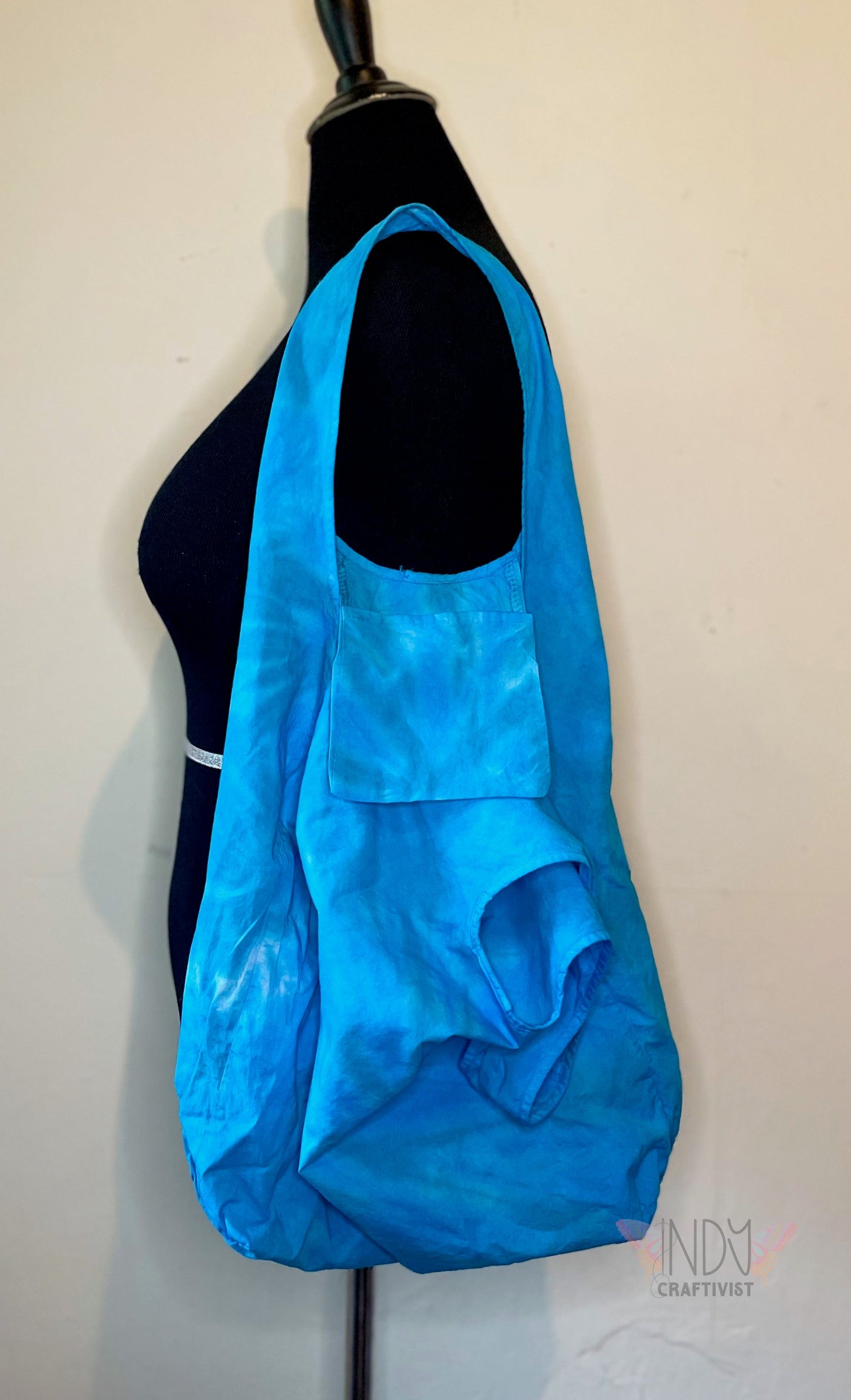 Blue Tie Dye Round Bottom Bag Stuffable Tote Bag