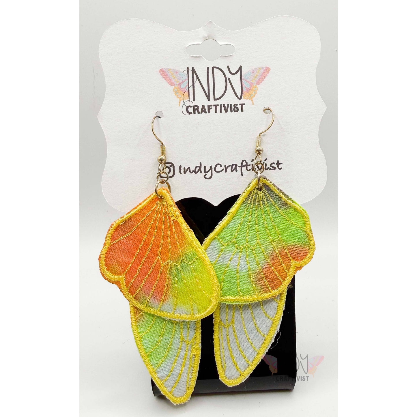 Orange and Lime Tie Dyed Denim Two Piece Butterfly Earrings