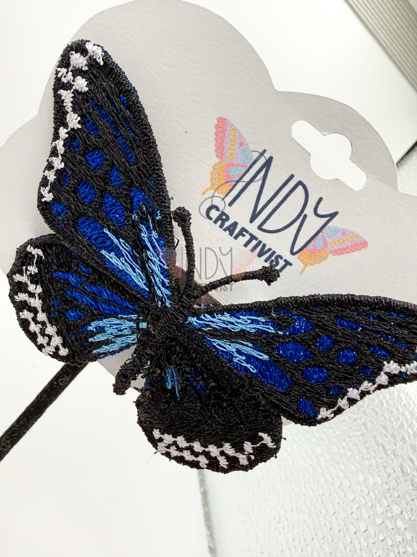 Dark Blue Monarch Freestanding Lace Embroidered Butterfly Hair Jewelry
