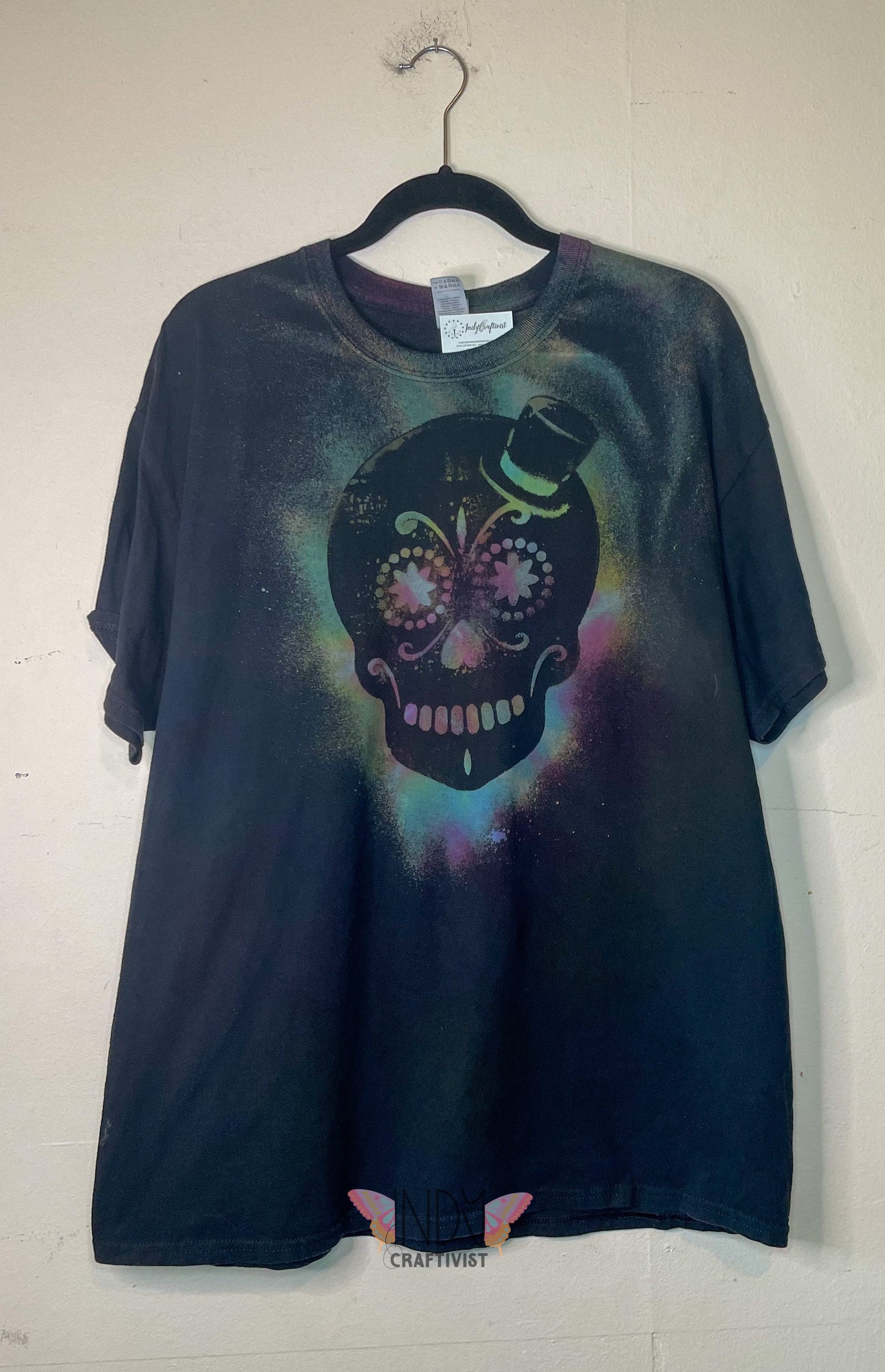 Sugar Skull with Top Hat Adult Extra Large Halloween Reverse Tie Dye T-shirt