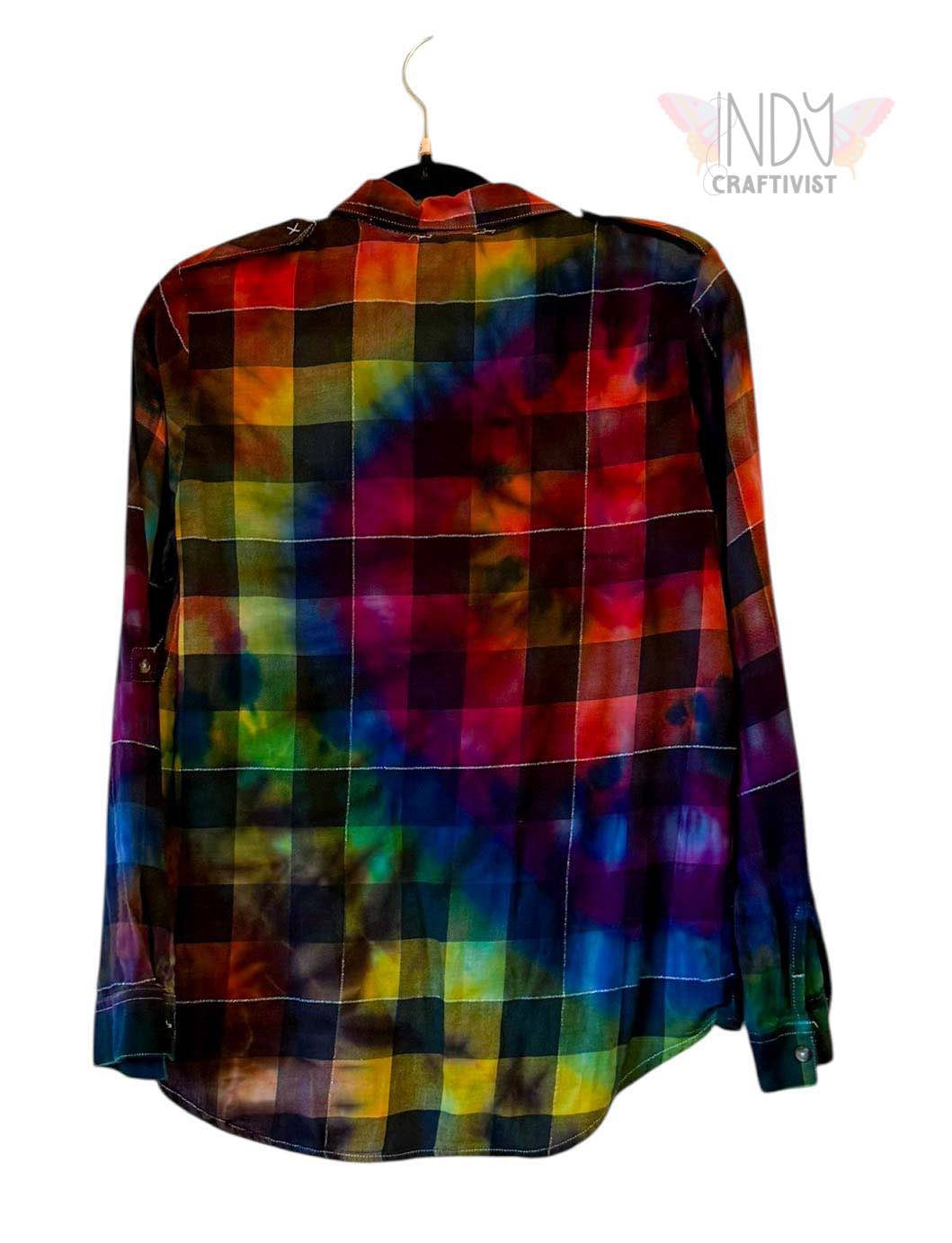 Small Long Sleeve Upcycled Rainbow Swirl with Metallic Thread Tie Dyed Button Down
