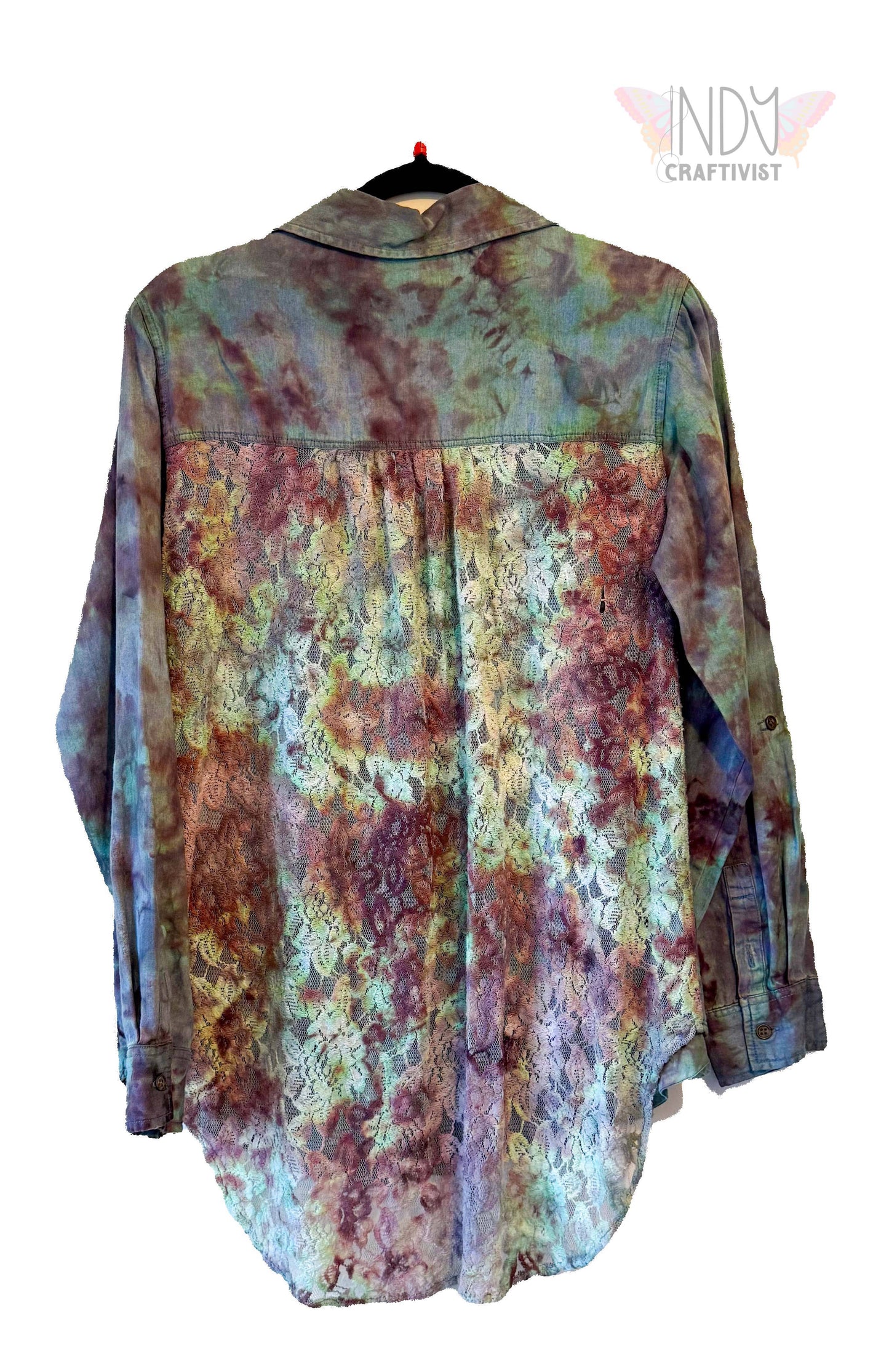Large Long Sleeve Upcycled Denim Like Tie Dyed Button Down With Lace Back