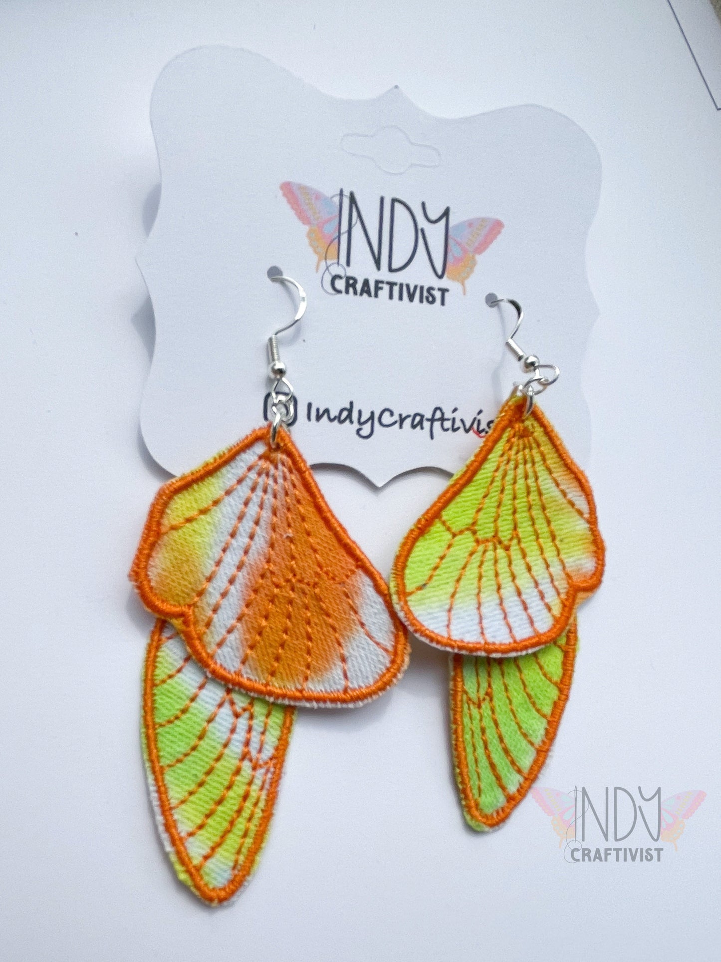 Orange Tie Dyed Denim Butterfly Earrings