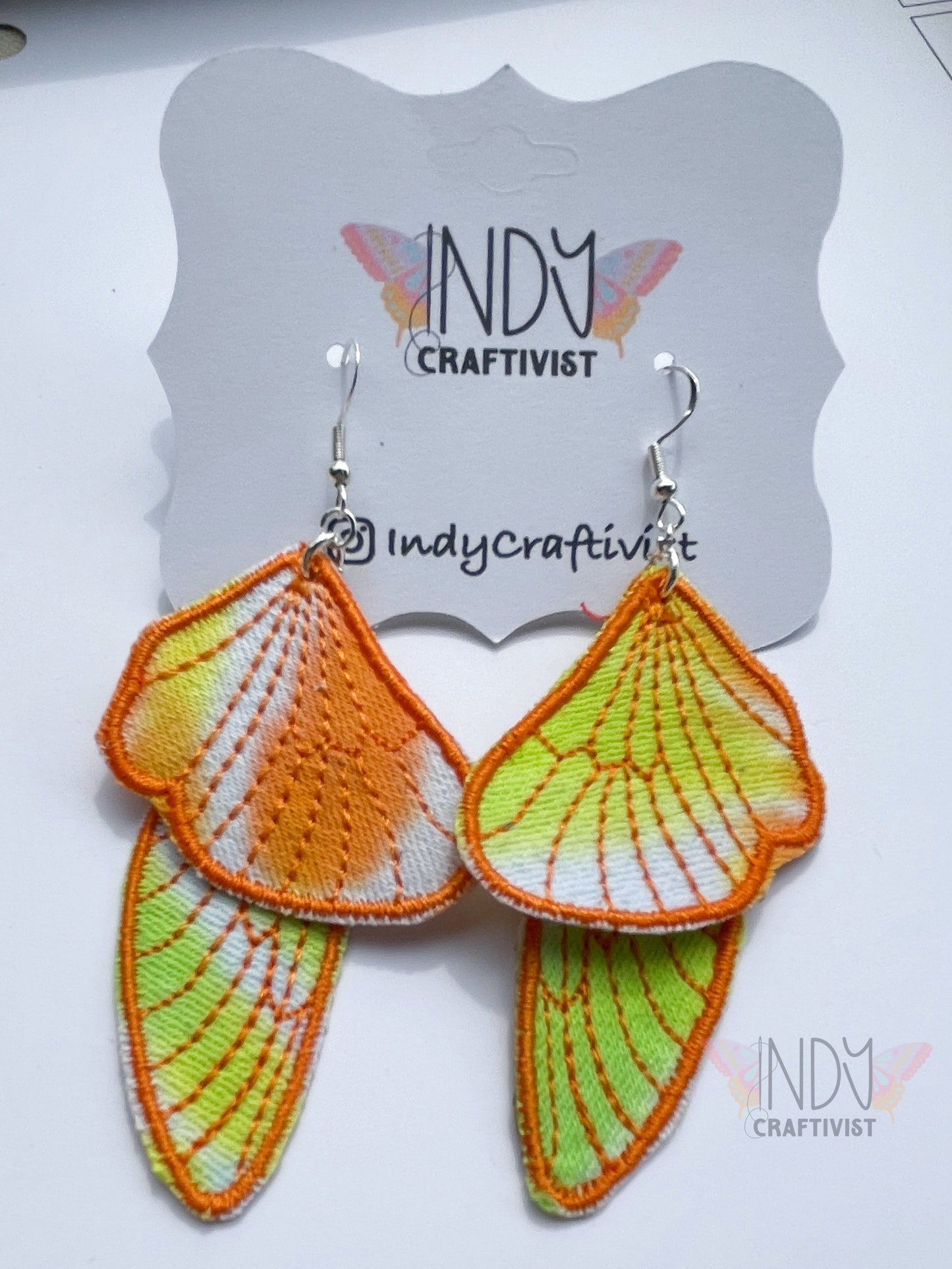 Orange Tie Dyed Denim Butterfly Earrings
