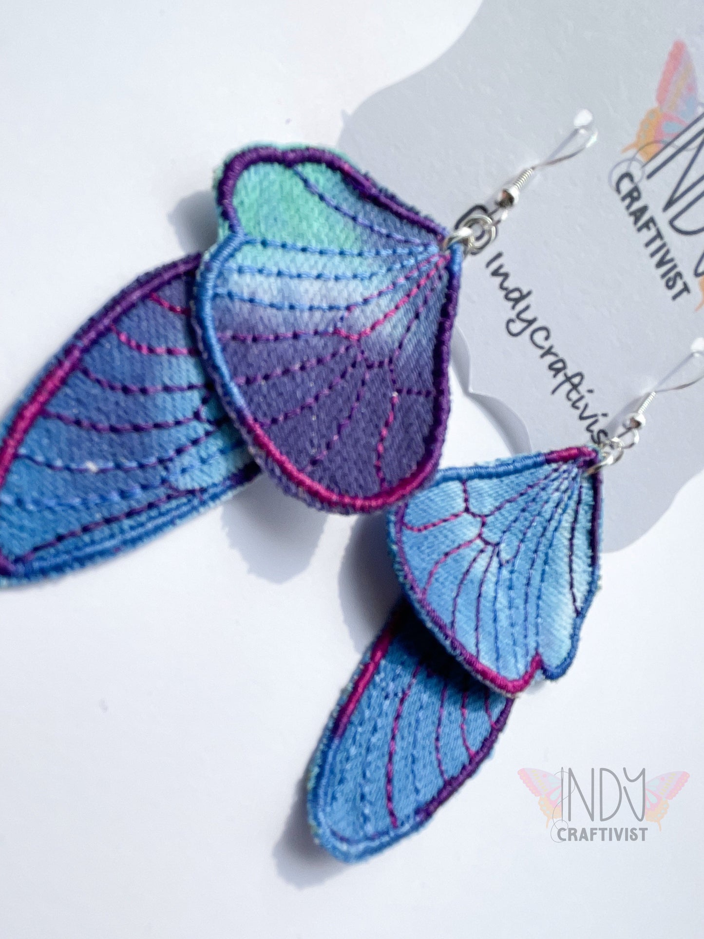 Tie Dyed Denim Butterfly Earrings