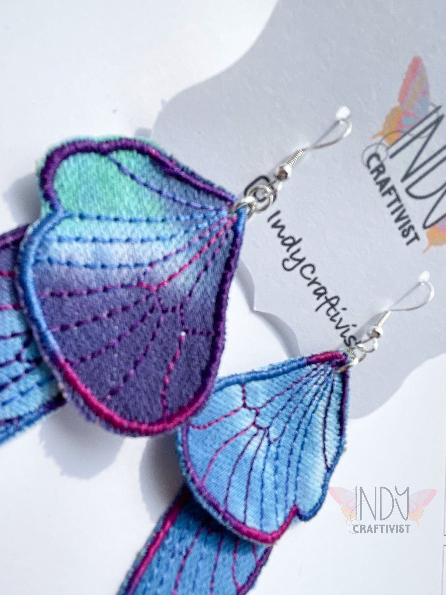 Tie Dyed Denim Butterfly Earrings