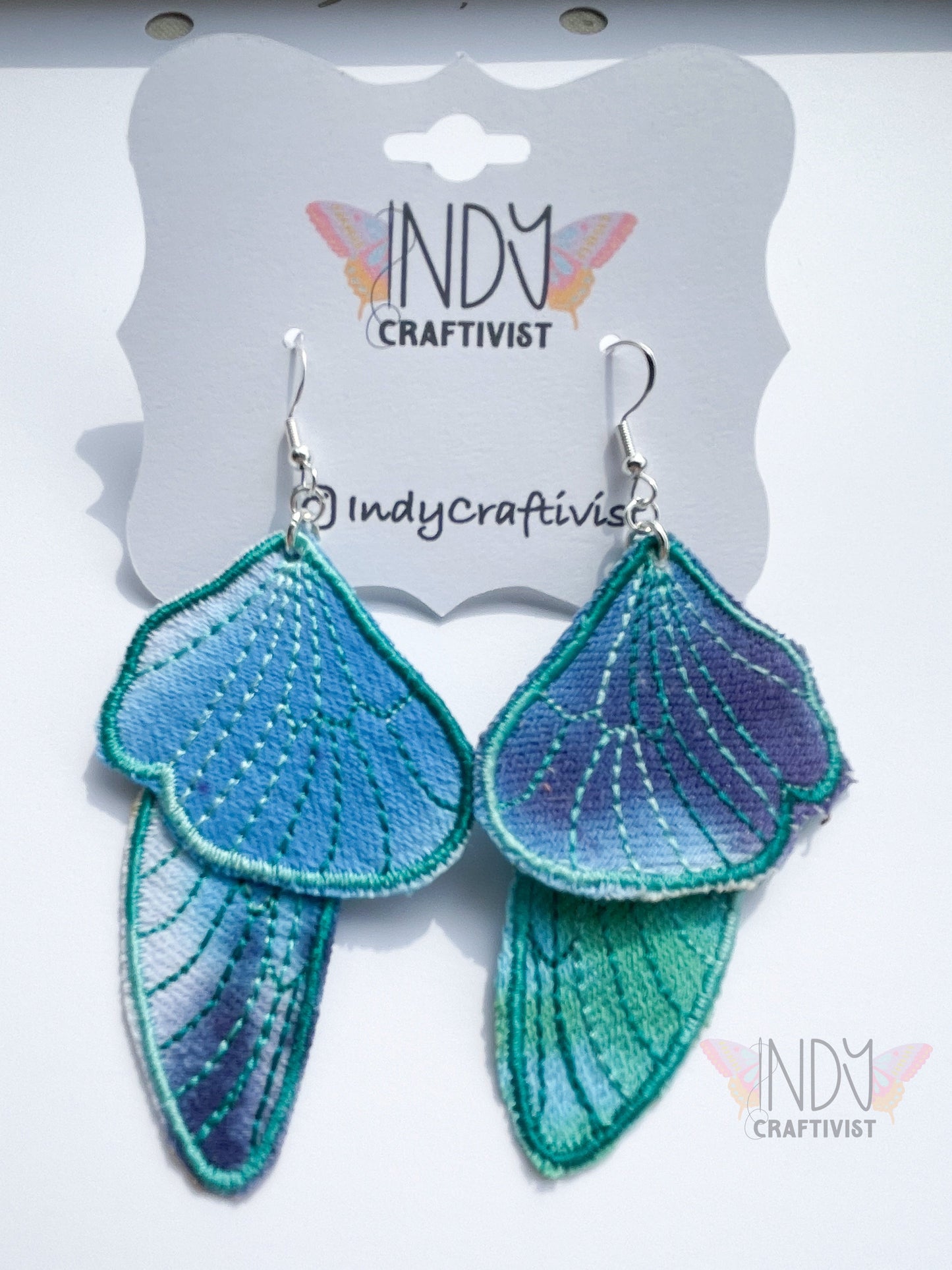 Teal and Blue Tie Dyed Denim Two Piece Butterfly Earrings
