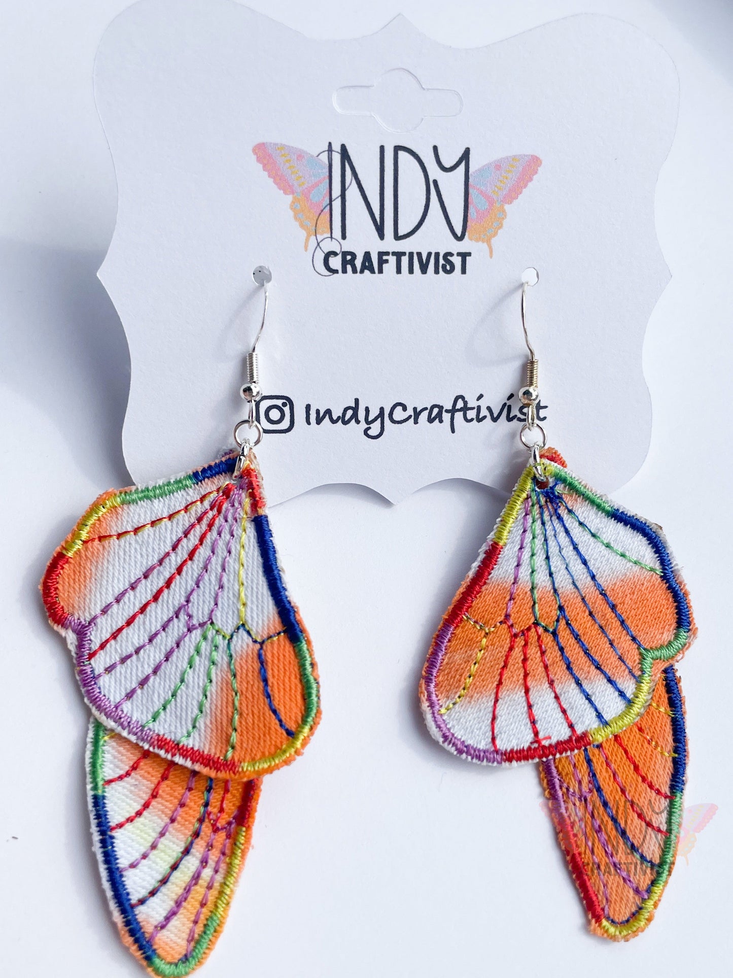 Orange Tie Dyed Denim Butterfly Earrings