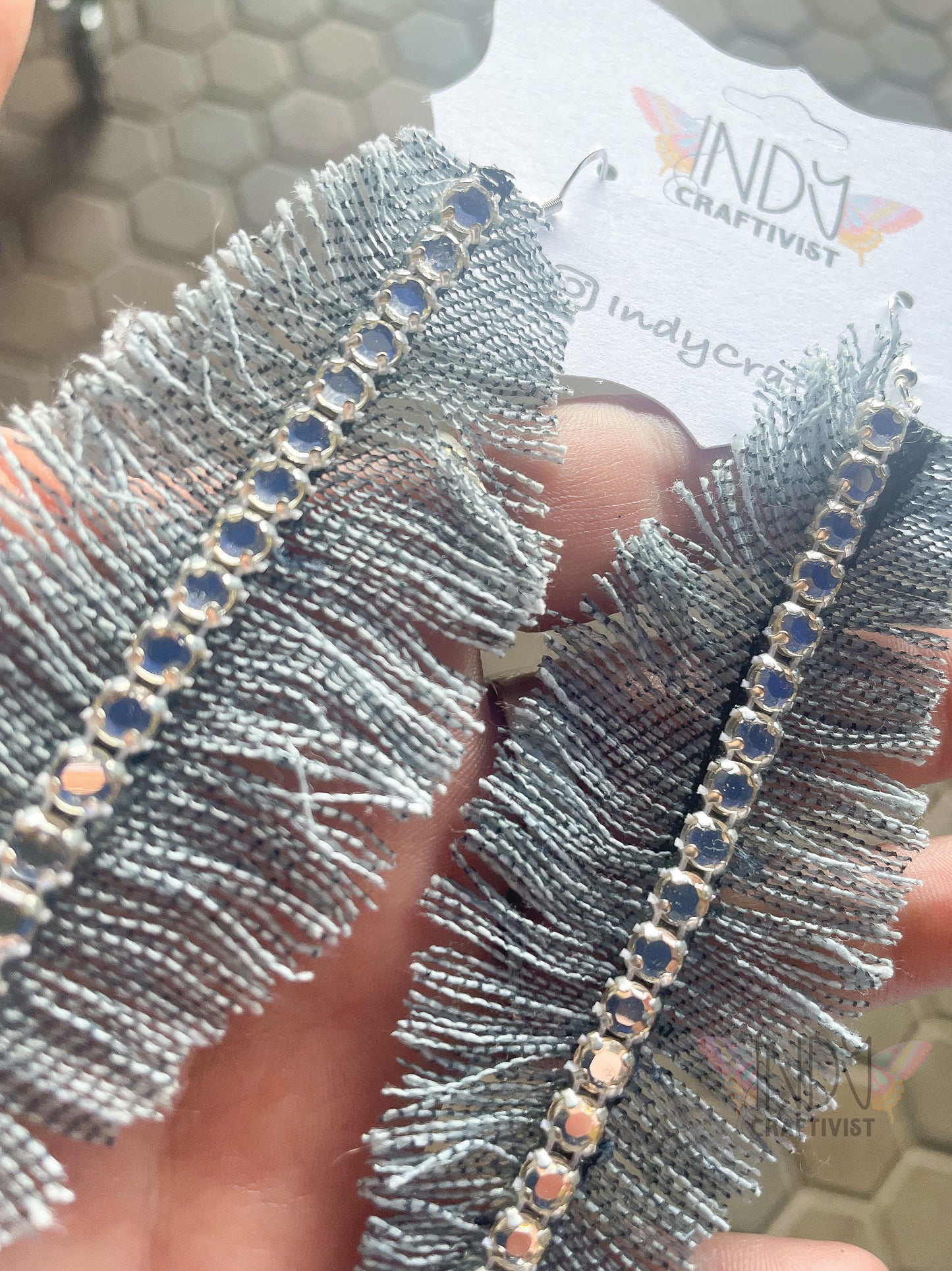 denim feather earrings