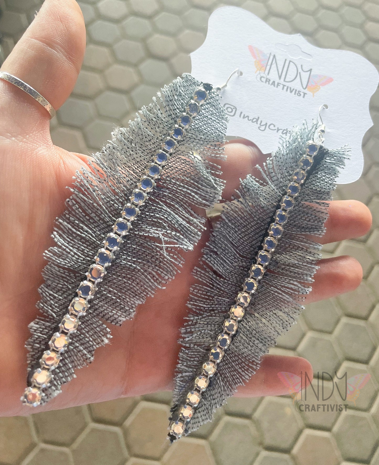 denim feather earrings