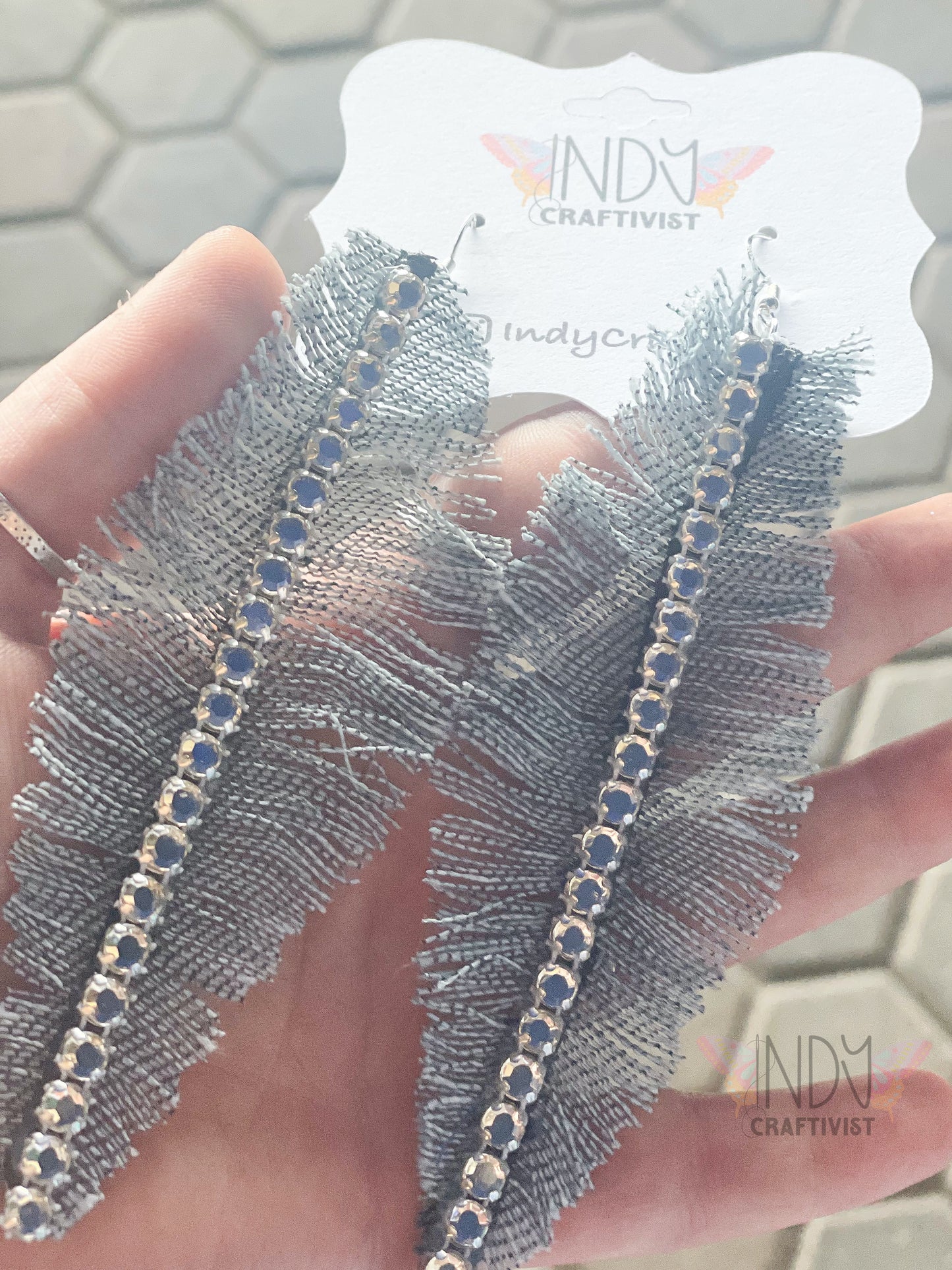 denim feather earrings