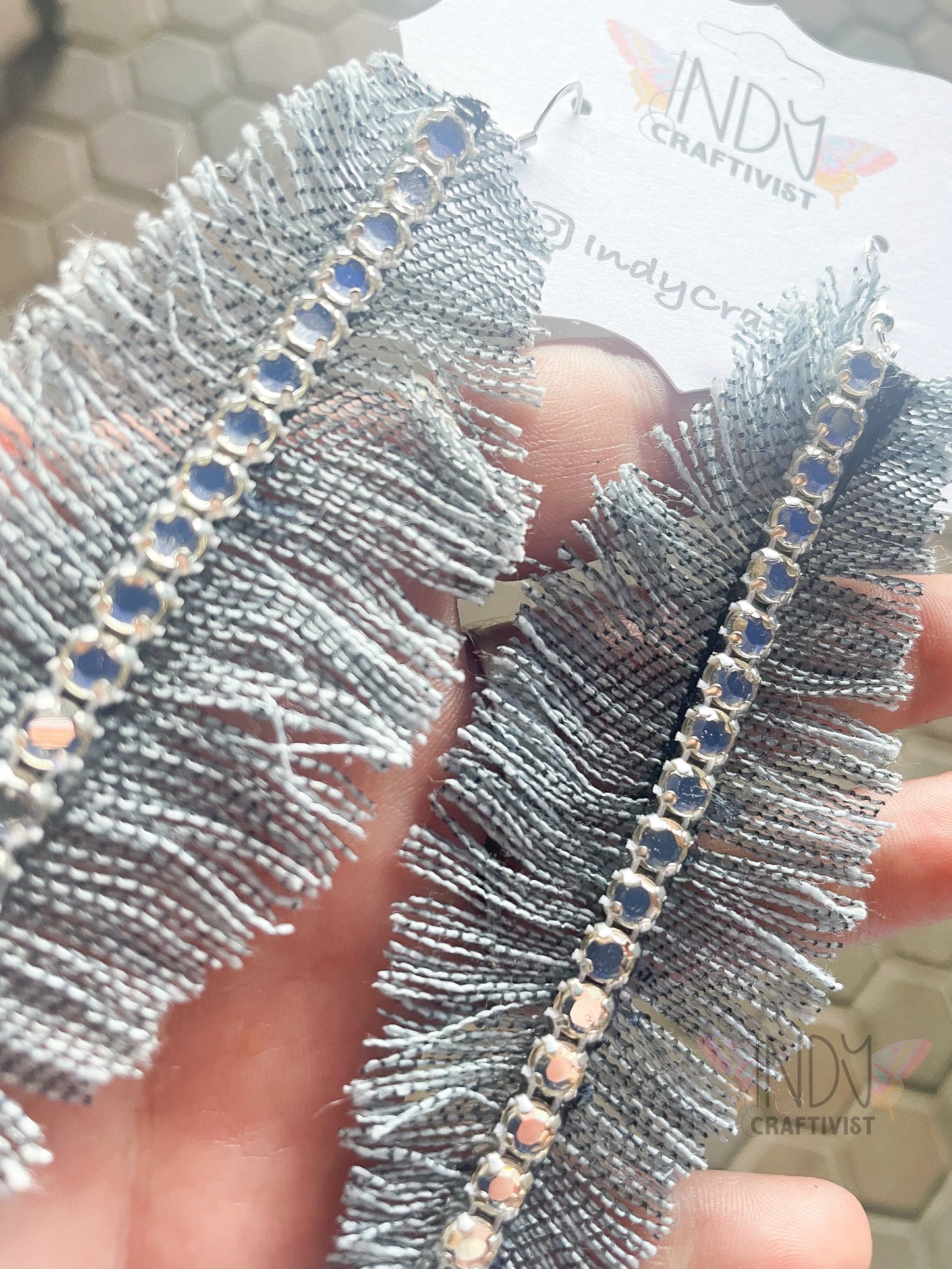 denim feather earrings