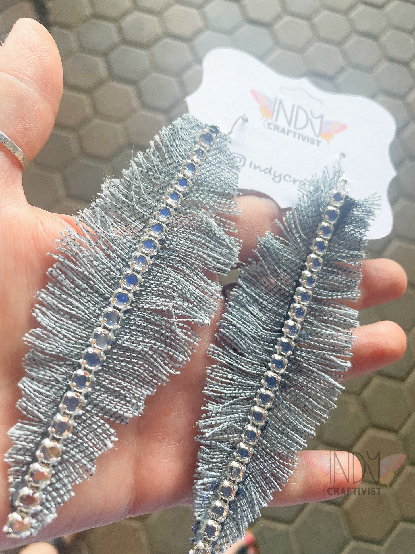 denim feather earrings