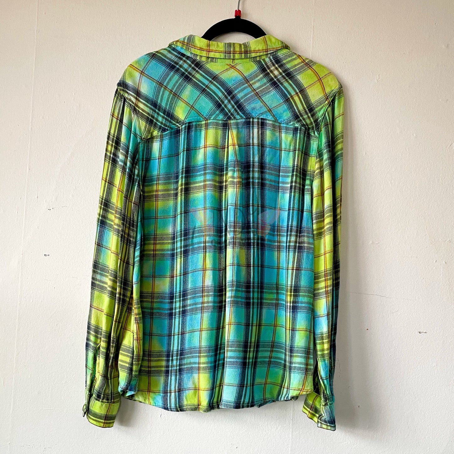 Lime and Teal Adult Large Long Sleeve Upcycled Tie Dye Button Down