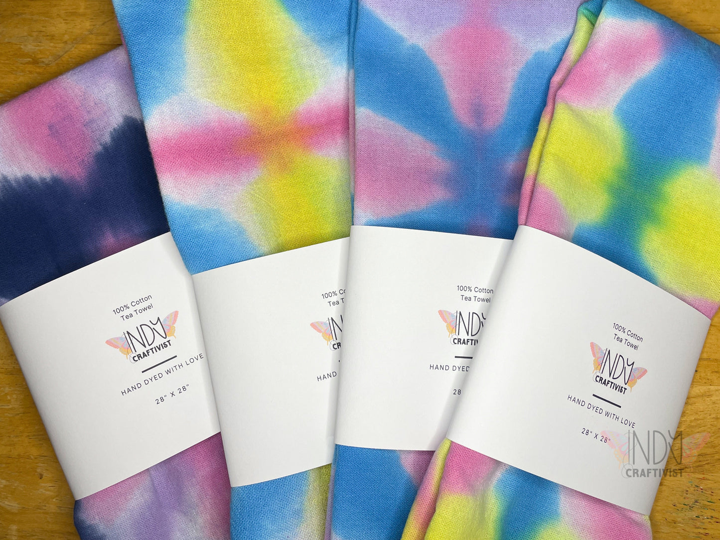 Yellow, Teal & Pink Shibori Like Tie Dyed Tea Towels