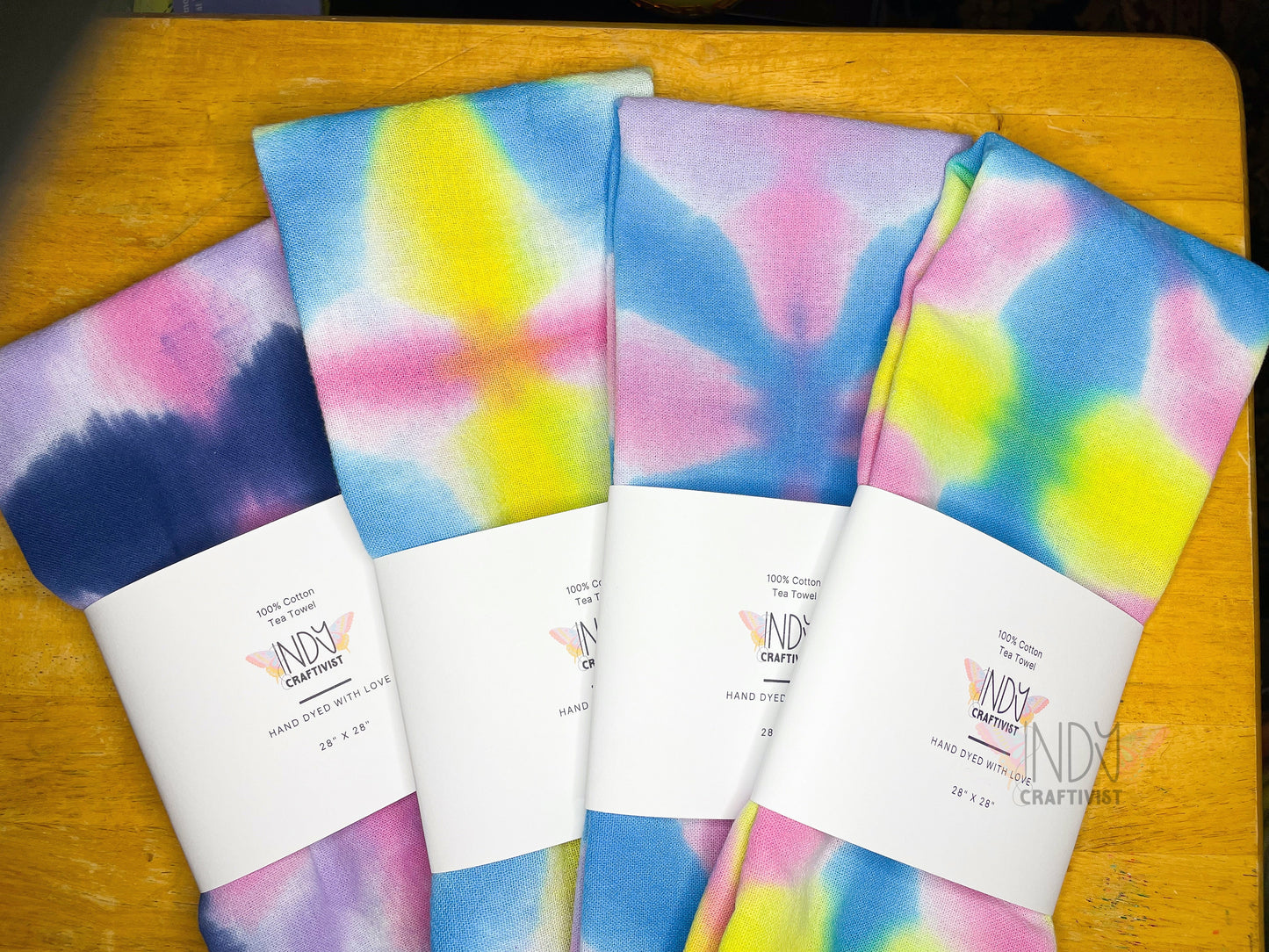 Yellow, Teal & Pink Shibori Like Tie Dyed Tea Towels