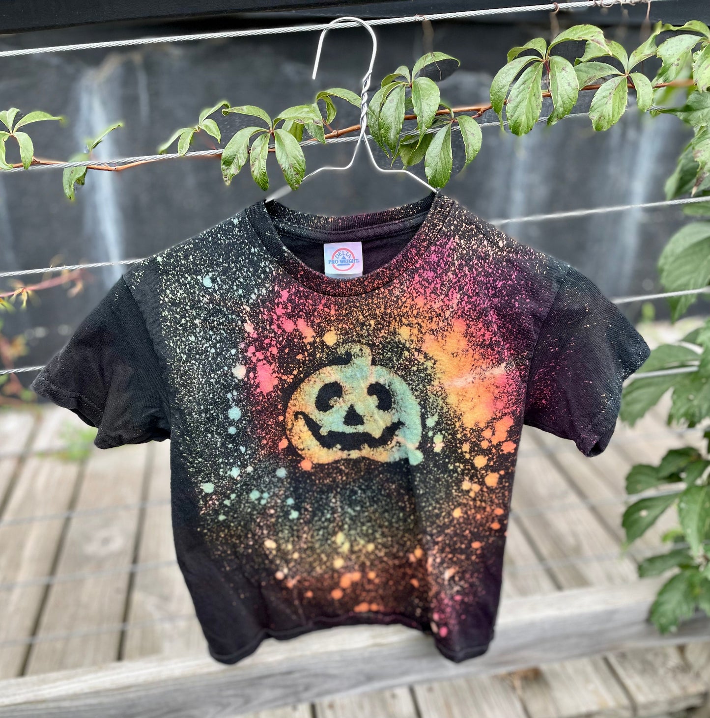Splatter Pumpkin Kids Medium Halloween Reverse Tie Dyed T-shirt