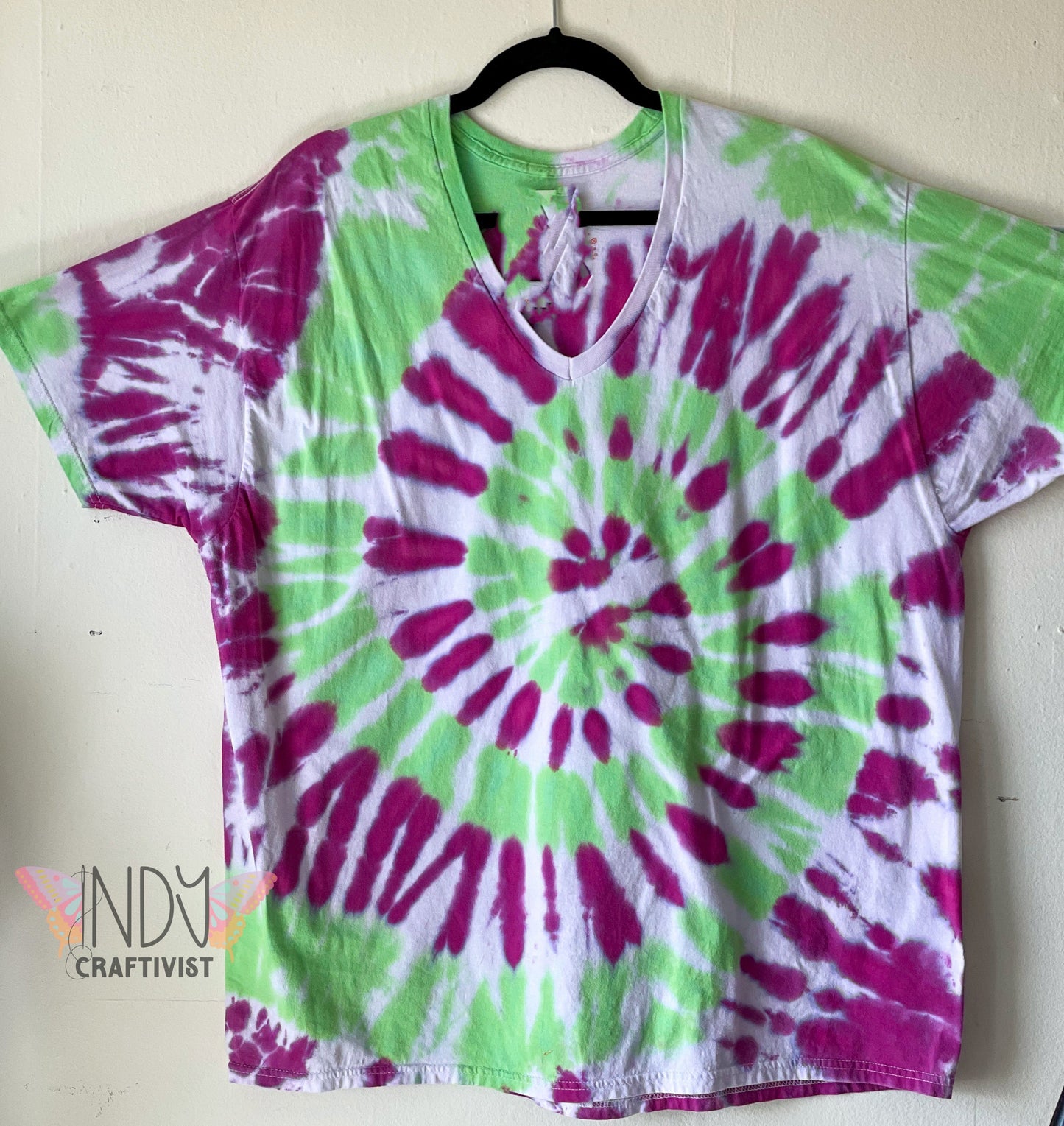 Lime Swirl Adult 2X Upcycled V-neck Tie Dye T-shirt