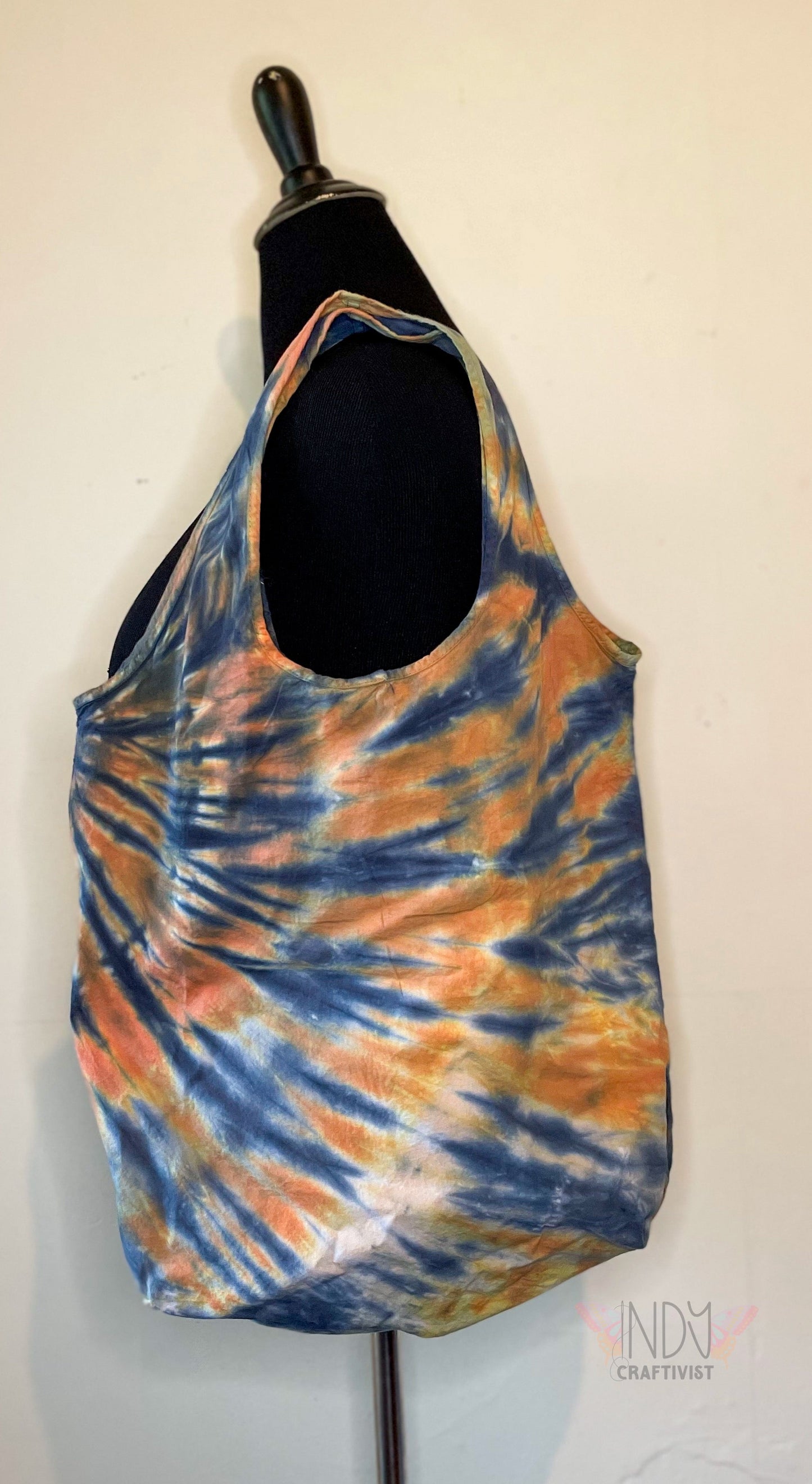 Black and Orange Tie Dye Round Bottom Bag Stuffable Cotton Tote