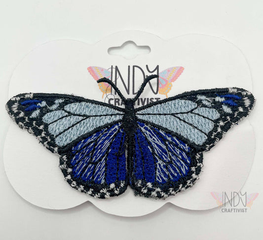 Made-To-Order Blue Monarch Freestanding Lace Embroidered Butterfly Brooch With Name Tag Magnet