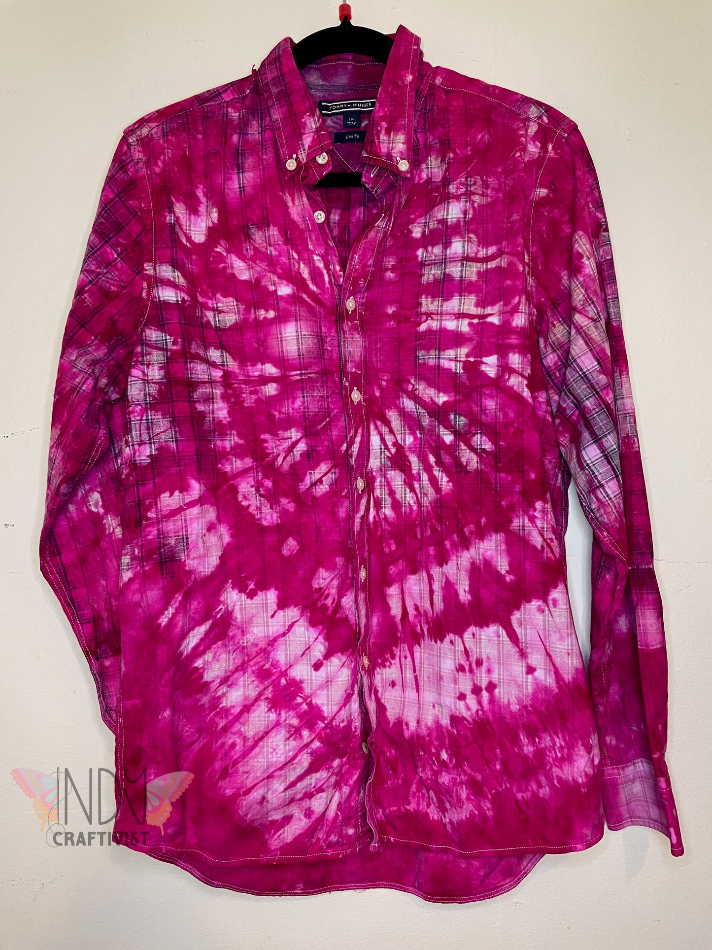 Large Long Sleeve Upcycled Reverse Tie Dyed Button Down
