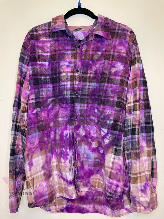 2X Large Long Sleeve Upcycled Reverse Tie Dyed Button Down Flannel