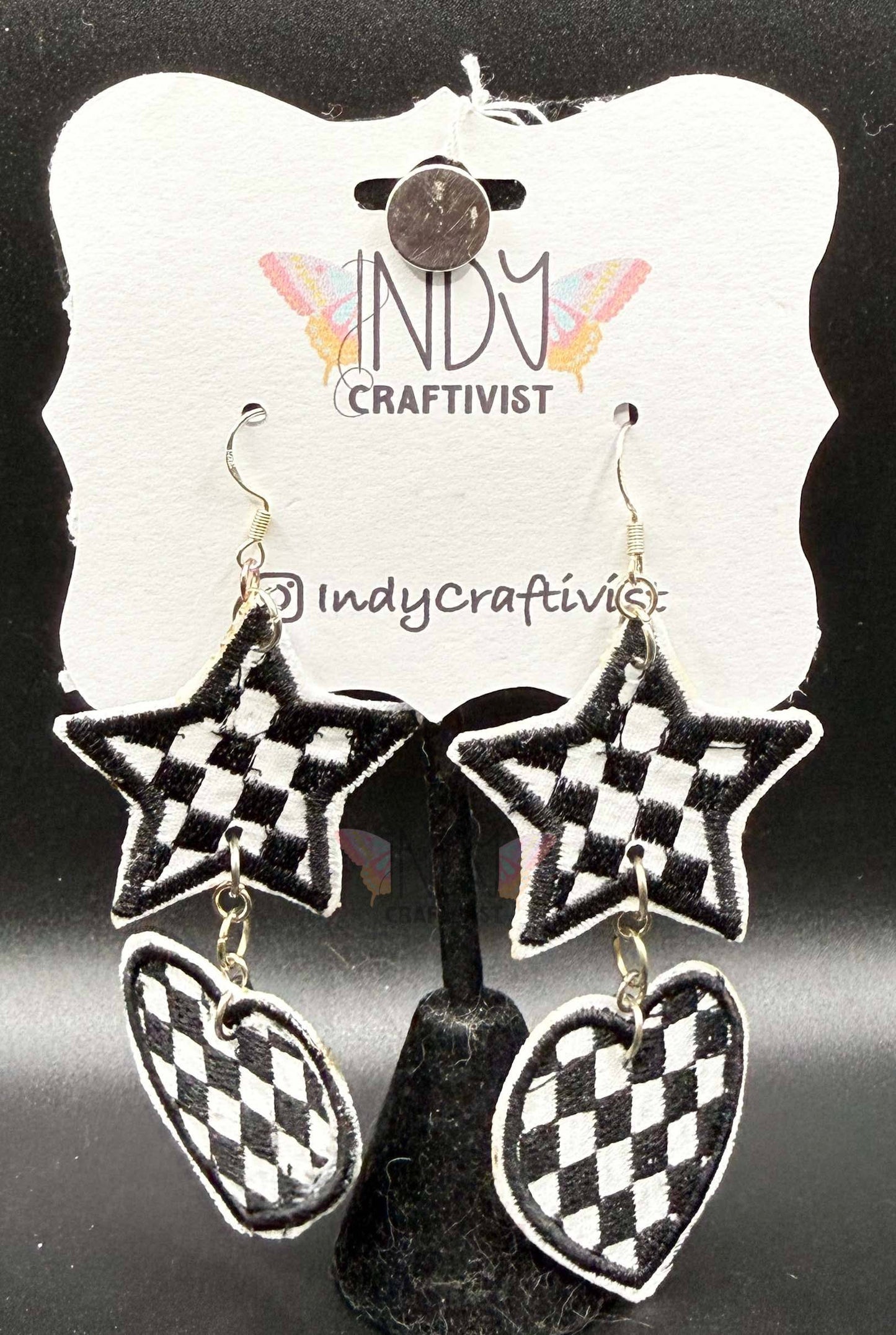 Checkered Star and Heart Dangle Earrings