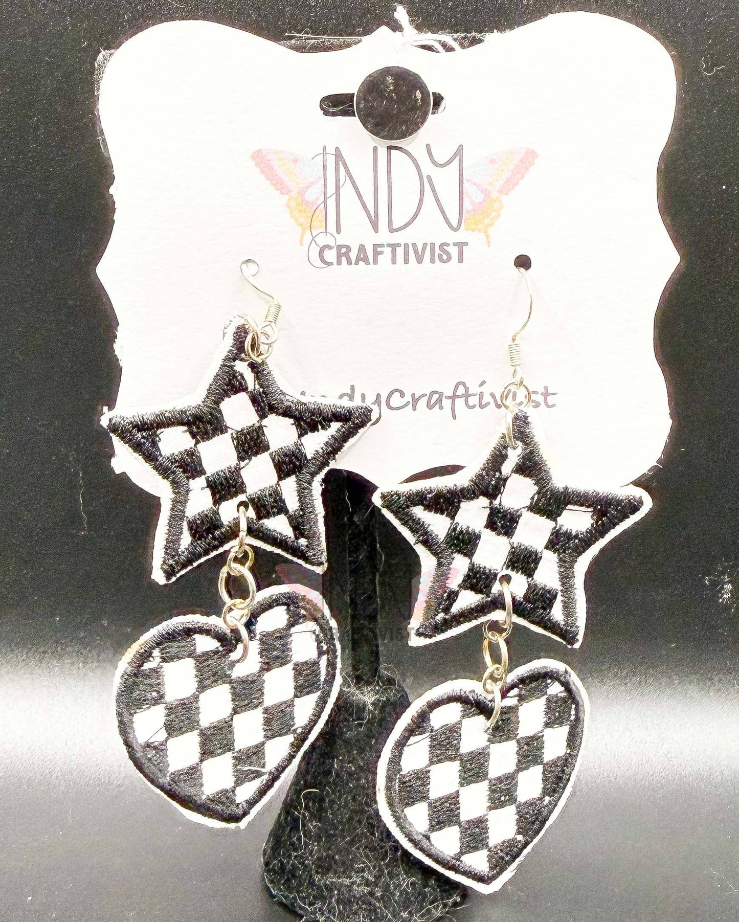 Checkered Star and Heart Dangle Earrings