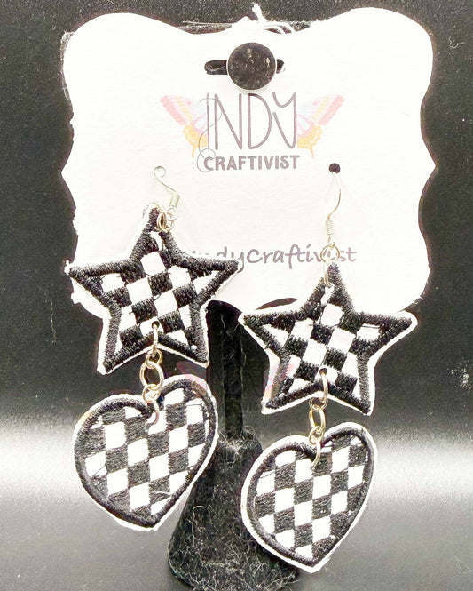 Checkered Star and Heart Dangle Earrings