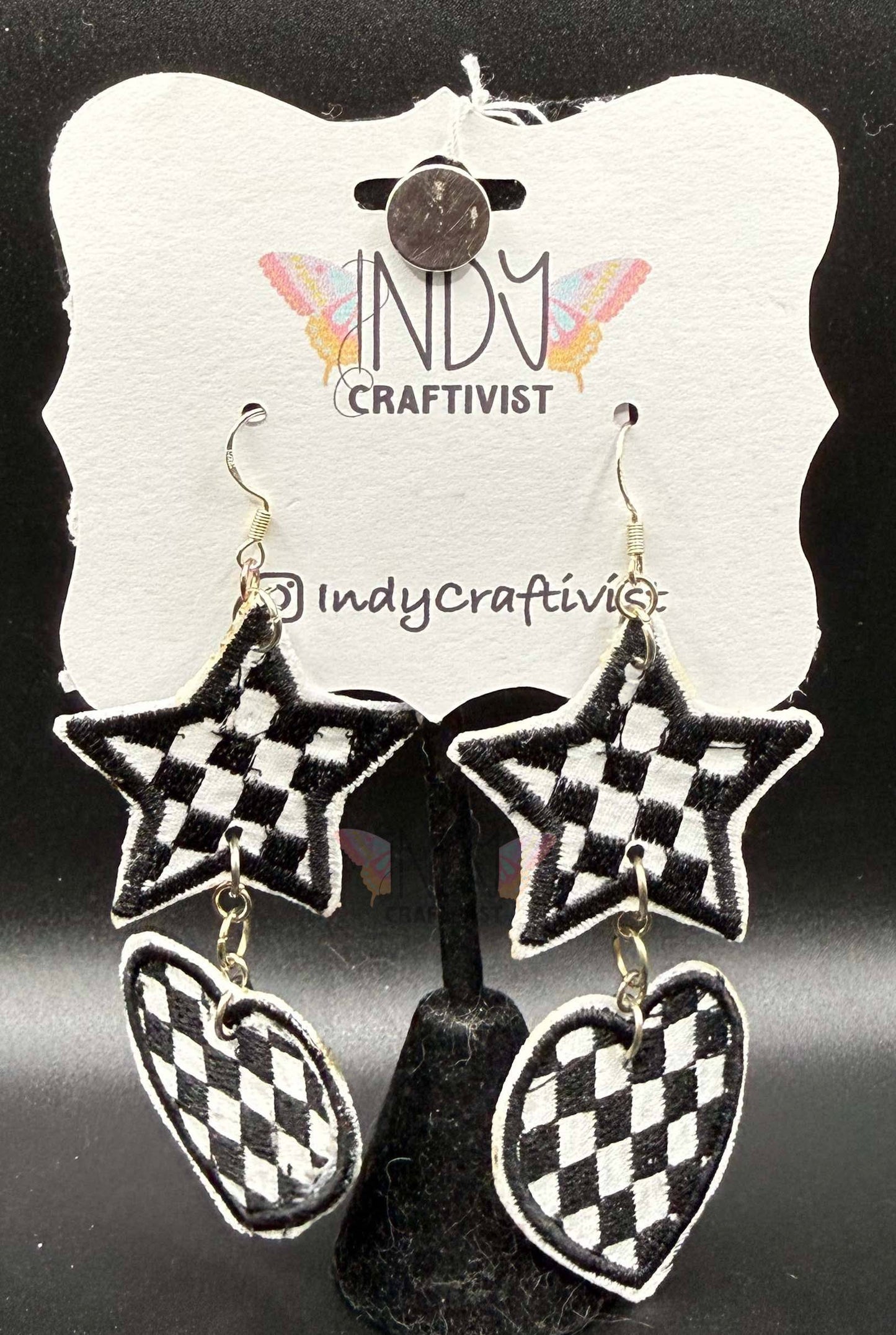 Checkered Star and Heart Dangle Earrings