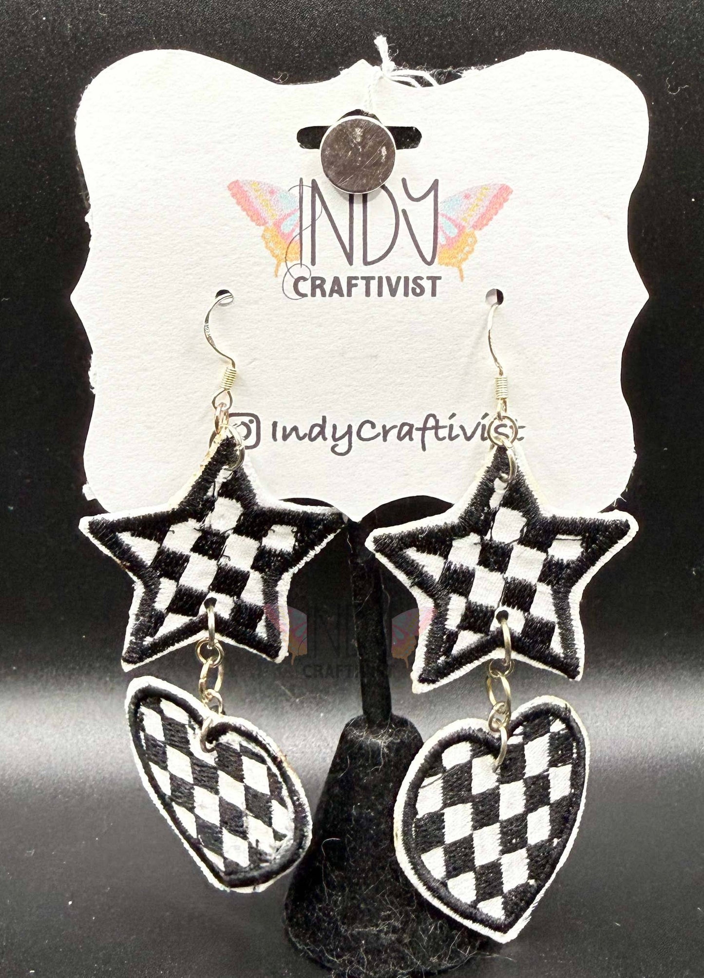Checkered Star and Heart Dangle Earrings