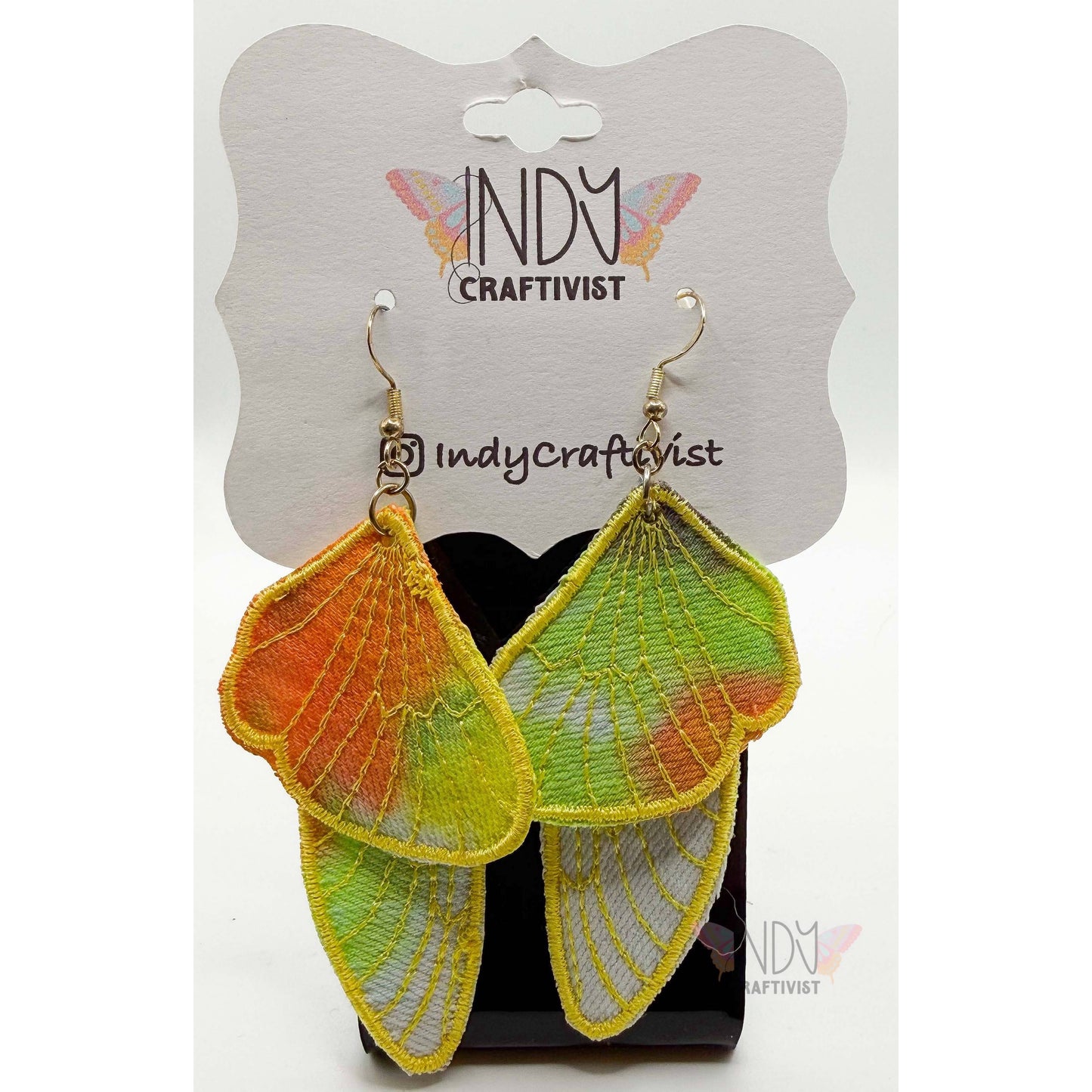 Orange and Lime Tie Dyed Denim Two Piece Butterfly Earrings