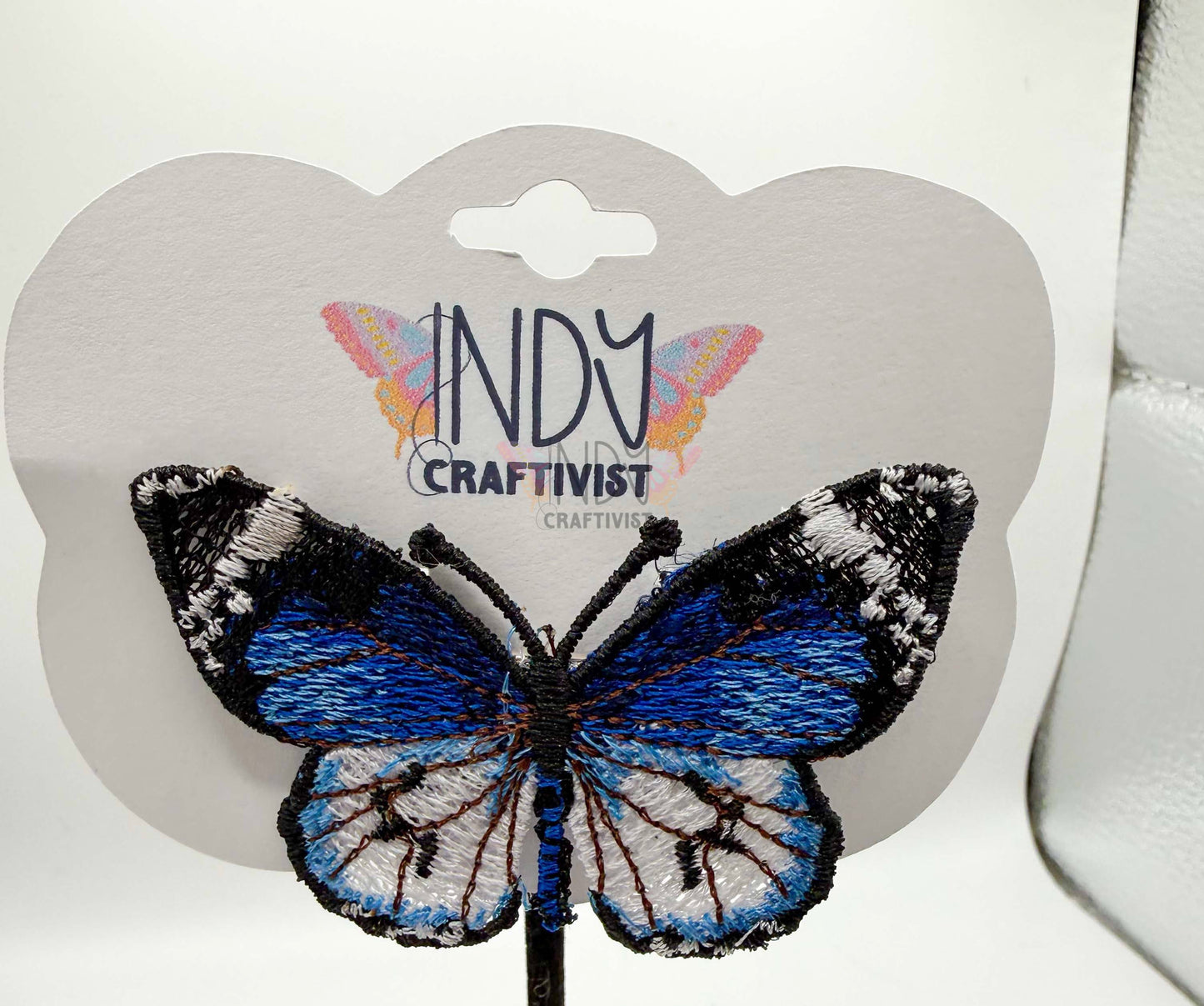 Made-To-Order Medium Blue Monarch Freestanding Lace Embroidered Butterfly Hair Jewelry