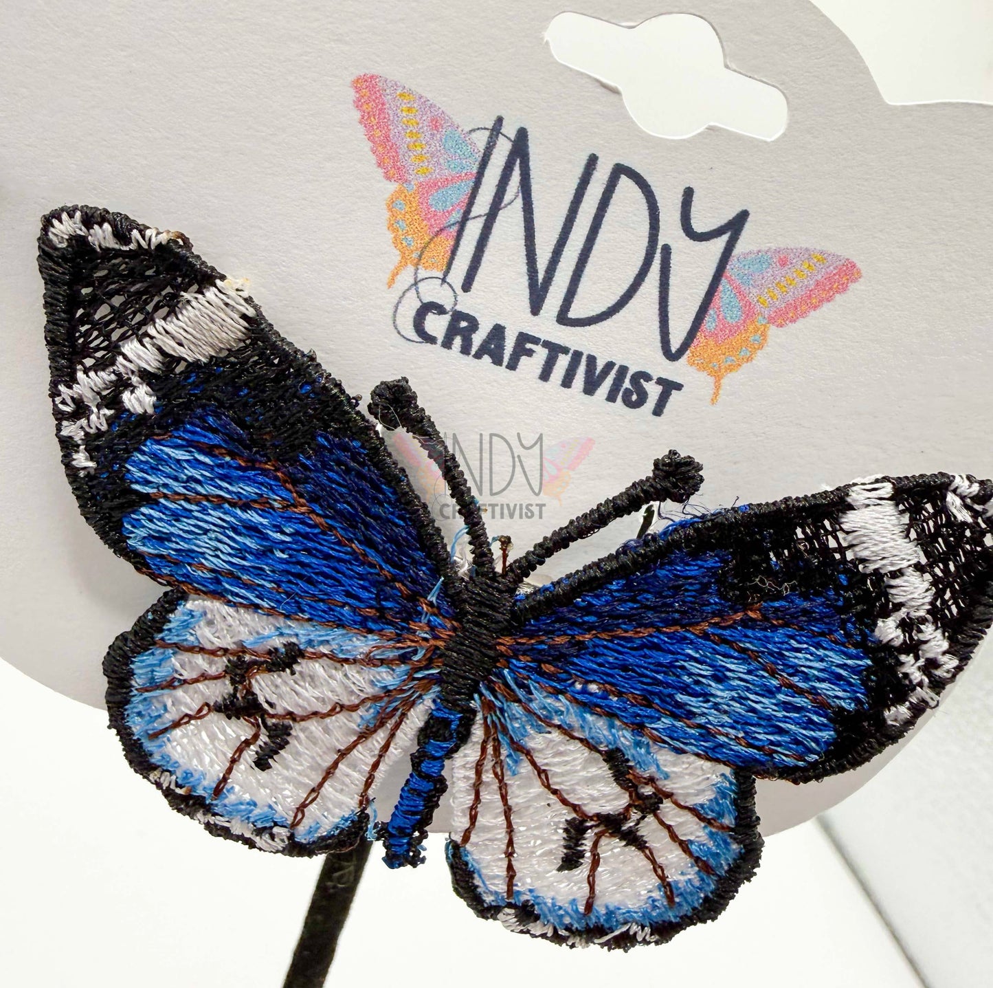 Made-To-Order Medium Blue Monarch Freestanding Lace Embroidered Butterfly Hair Jewelry