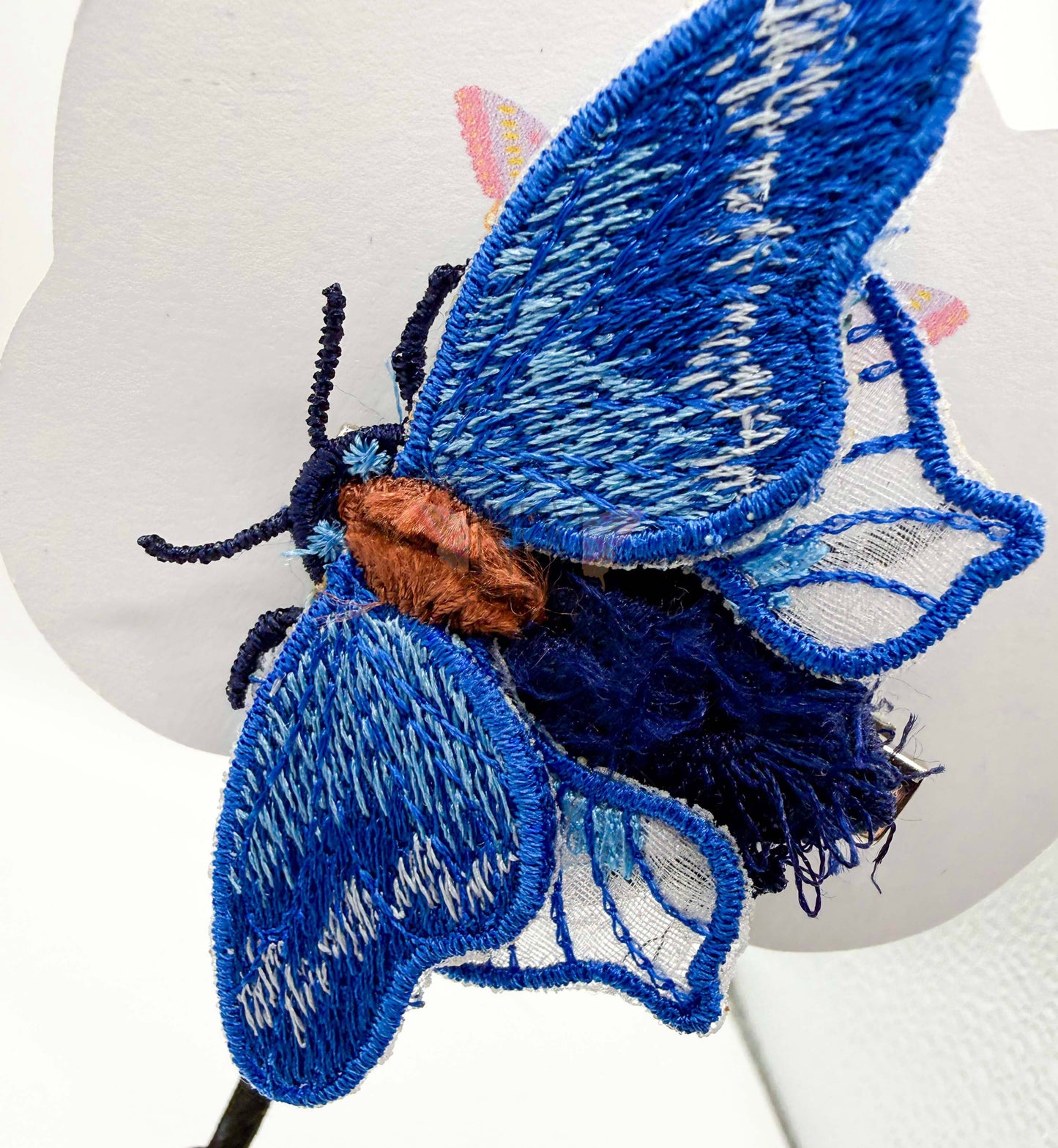 Blue Fuzzy Freestanding Lace Embroidered Moth Hair Jewelry