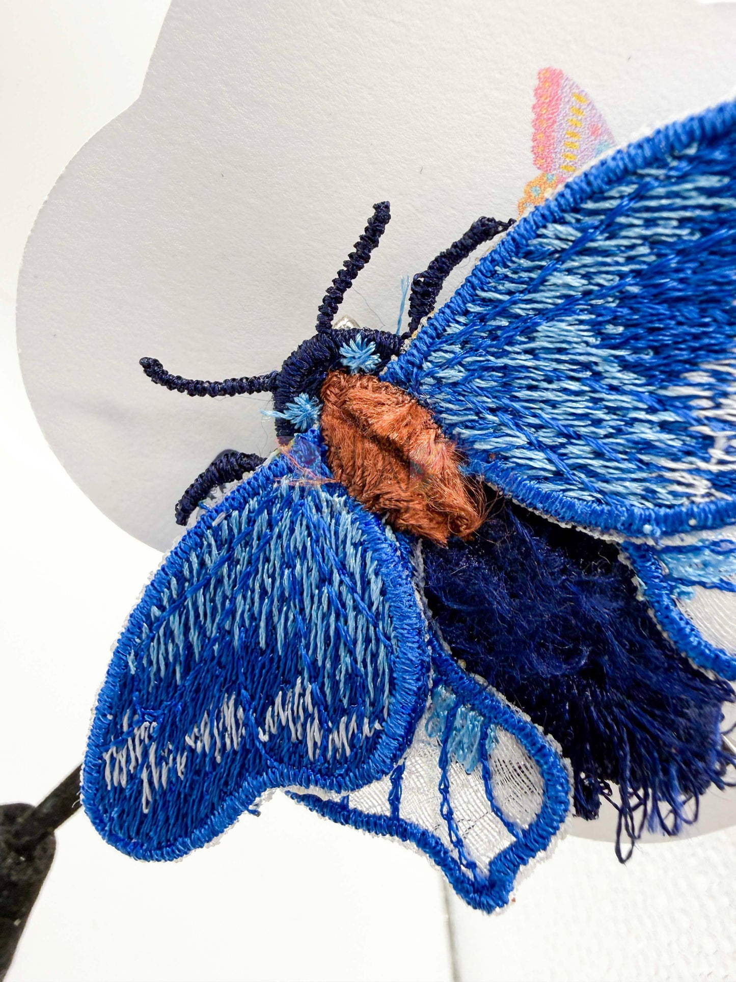 Blue Fuzzy Freestanding Lace Embroidered Moth Hair Jewelry