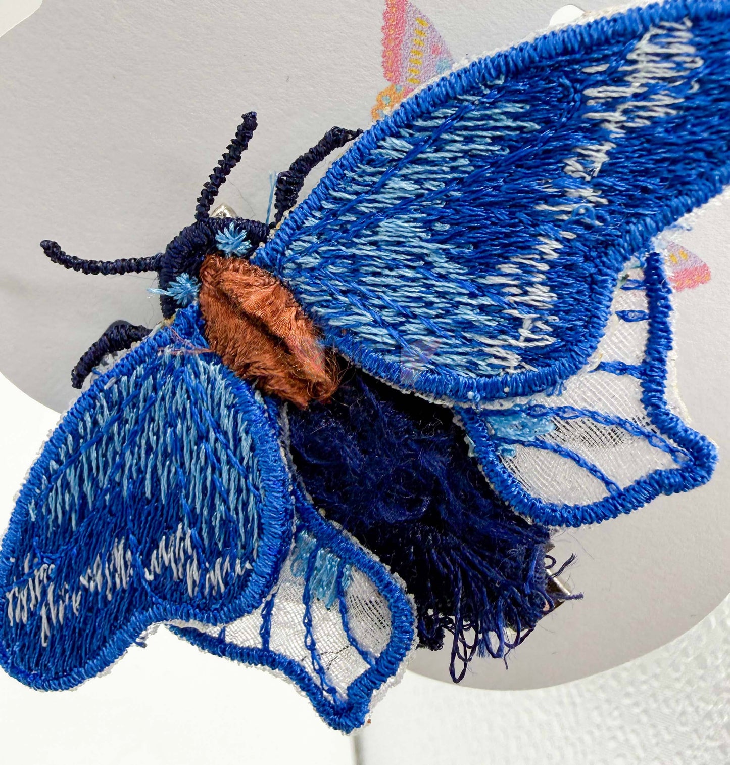 Blue Fuzzy Freestanding Lace Embroidered Moth Hair Jewelry