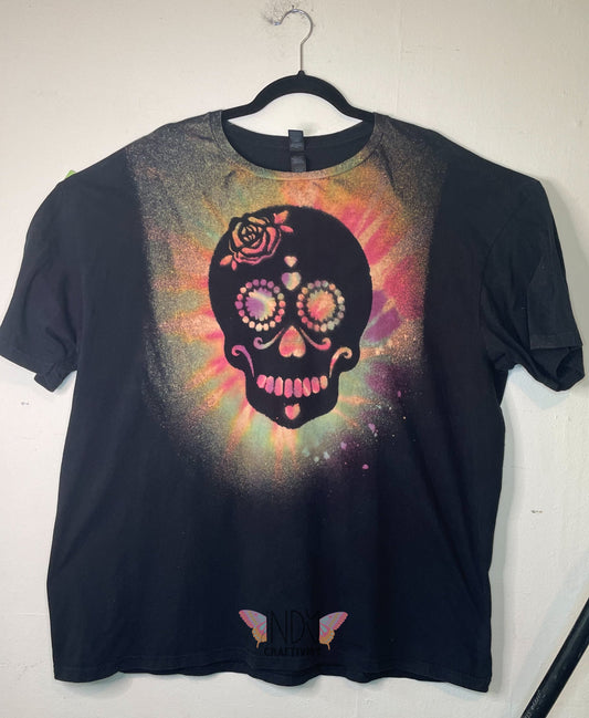 Sugar Skull with Flower Adult Extra Large Halloween Reverse Tie Dye T-shirt