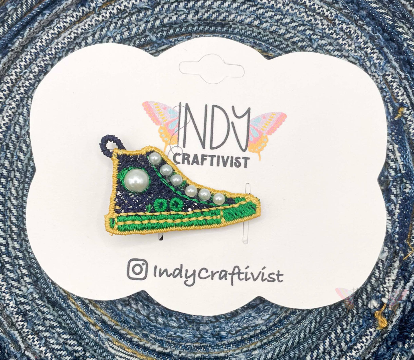 I'm Speaking Embroidered Converse Like Hair Clip Green Gold & Navy