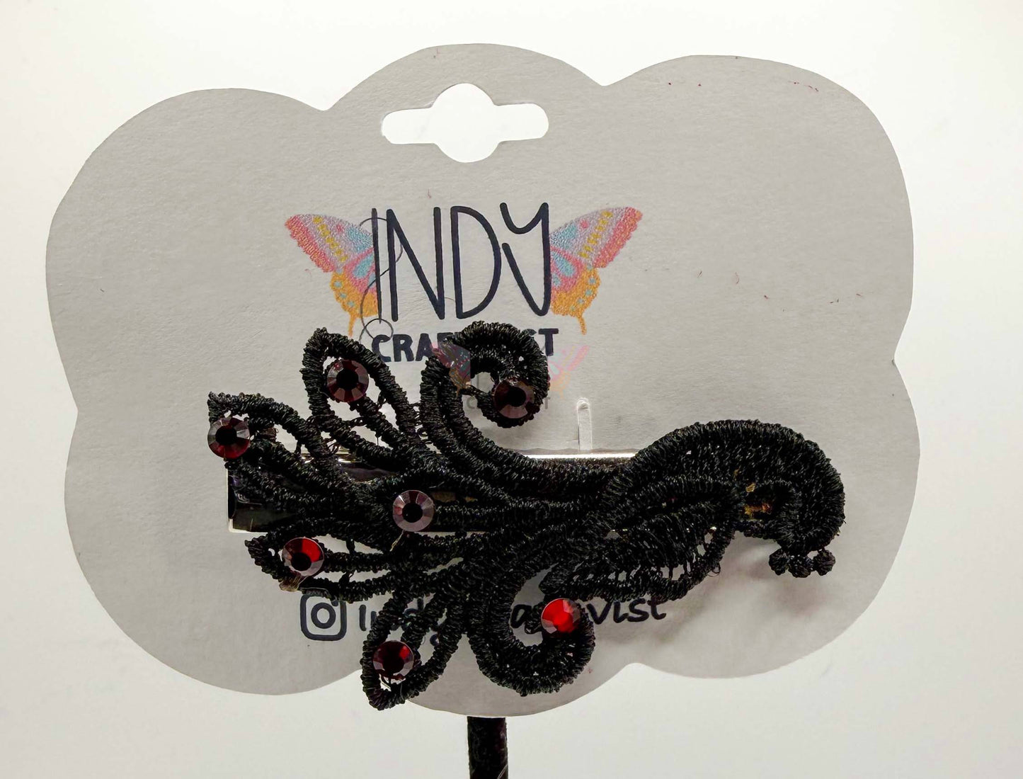 Black Peacock Hair Jewelry with Red Rhinestones