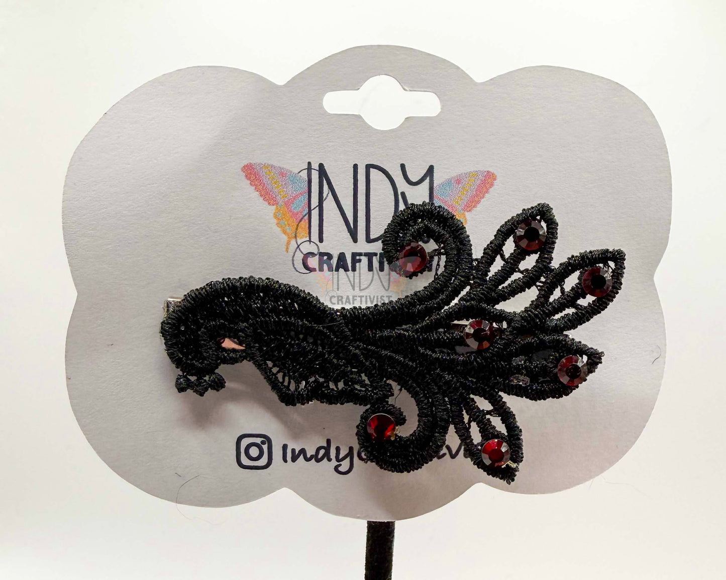 Black Peacock Hair Jewelry with Red Rhinestones
