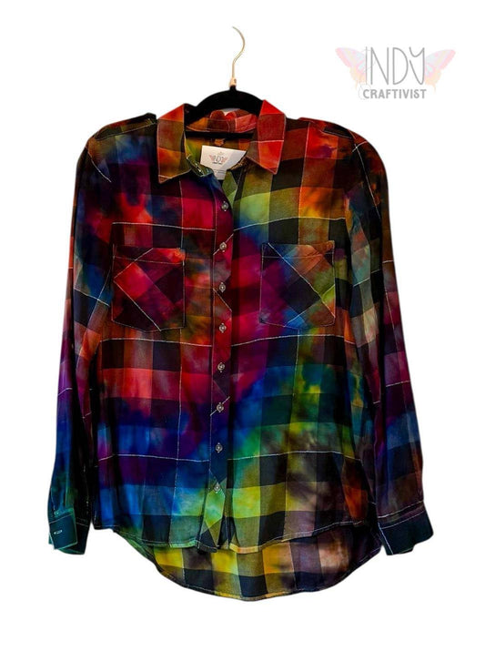 Small Long Sleeve Upcycled Rainbow Swirl with Metallic Thread Tie Dyed Button Down