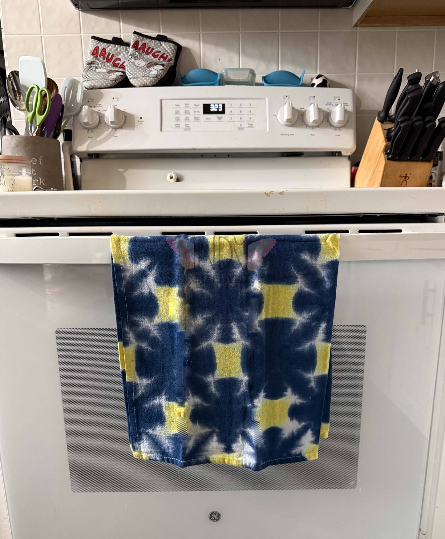 Navy & Yellow Shibori Like Tie Dyed Tea Towels