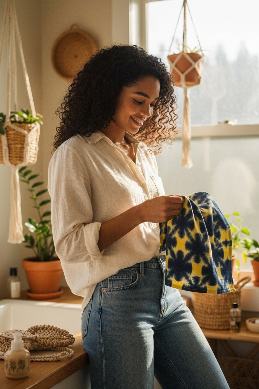 Navy & Yellow Shibori Like Tie Dyed Tea Towels