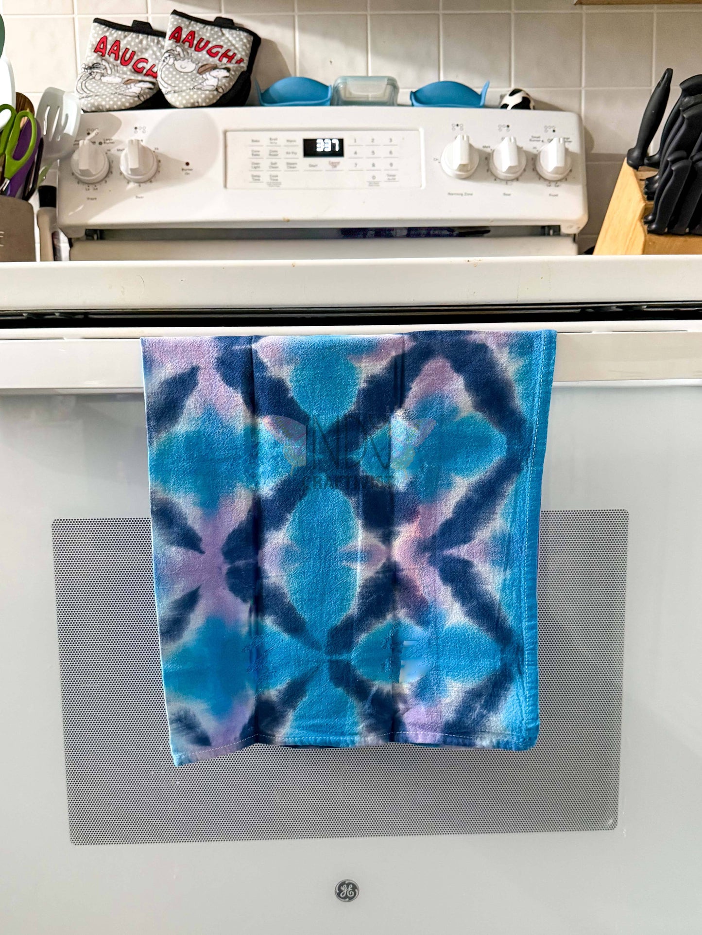 Navy, Blue & Lilac Shibori Like Tie Dyed Tea Towels