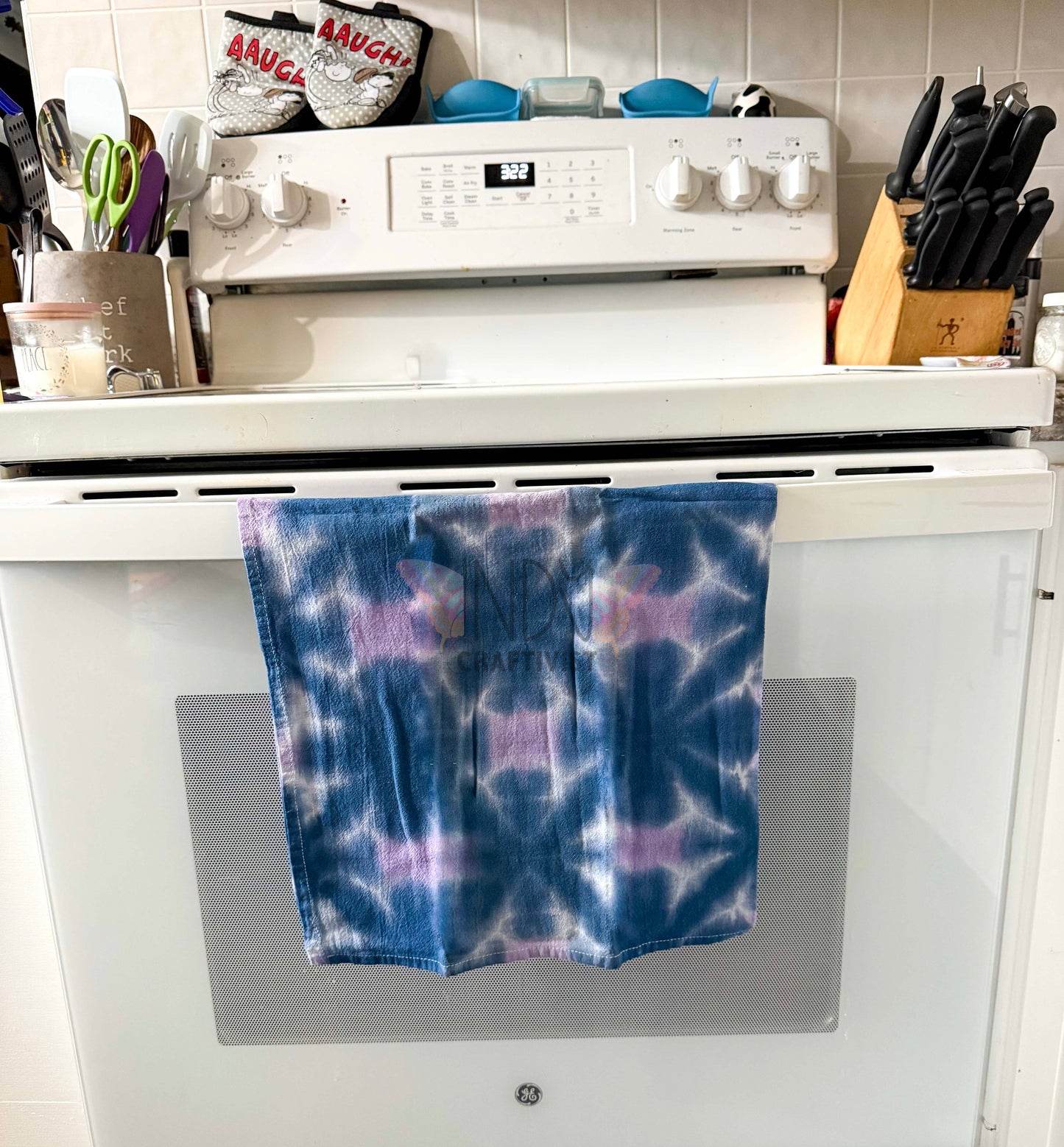 Navy and Lilac Shibori Inspired Tie Dyed Tea Towels