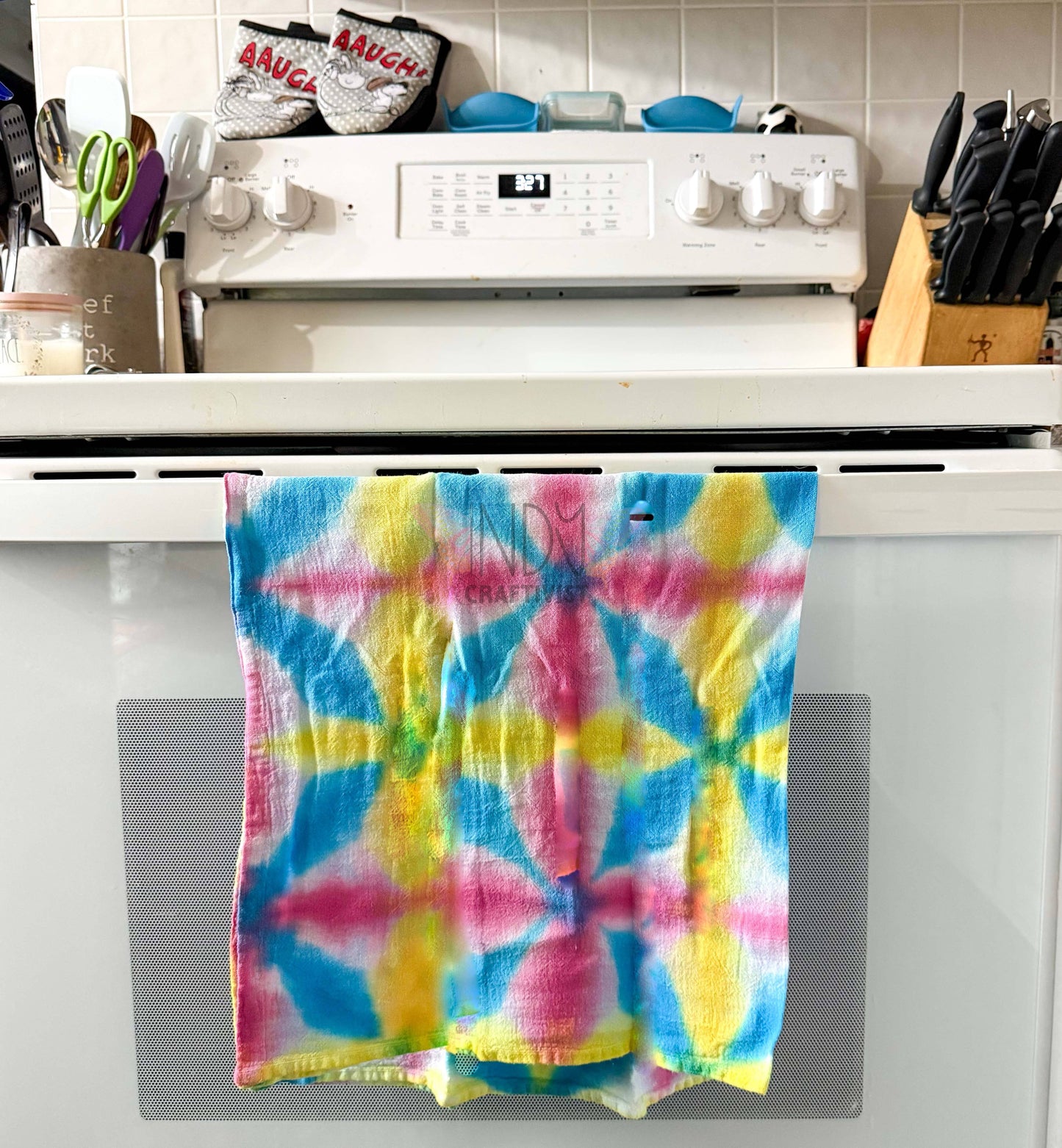 Yellow, Teal & Pink Shibori Like Tie Dyed Tea Towels