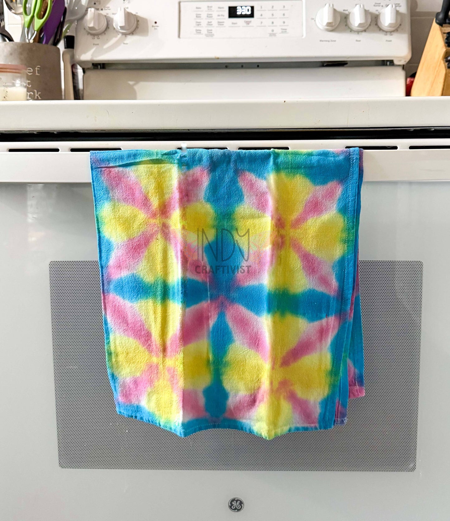 Teal, Yellow & Pink Shibori Like Tie Dyed Tea Towels